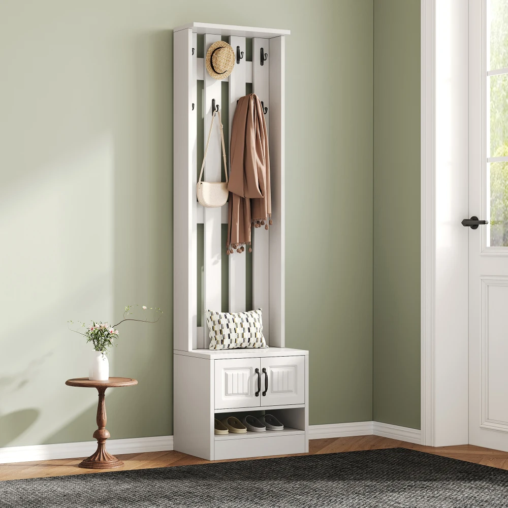 PINGGO Shoe Bench Shoe Cabinet Hallway Furniture With 2 Doors Rear Wall 8 Hooks White 50x36x190cm