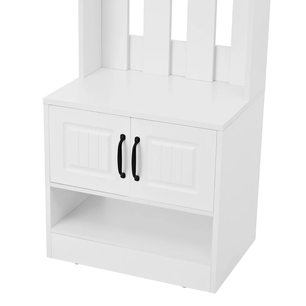 PINGGO Shoe Bench Shoe Cabinet Hallway Furniture With 2 Doors Rear Wall 8 Hooks White 50x36x190cm
