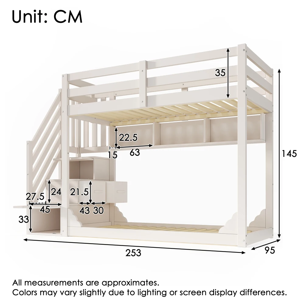 Childrens Bunk Bed with Staircase 90x200cm Wood Storage Bed Space-saving No Mattress