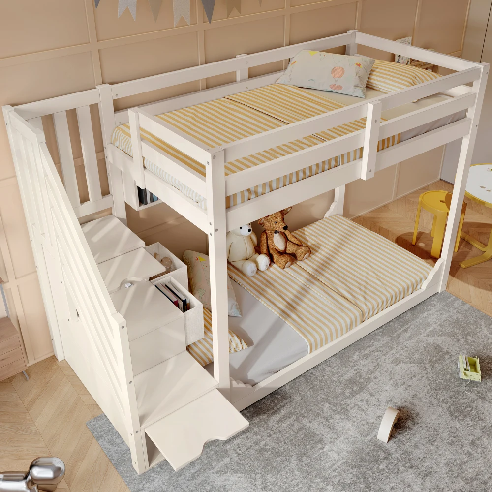 Childrens Bunk Bed with Staircase 90x200cm Wood Storage Bed Space-saving No Mattress