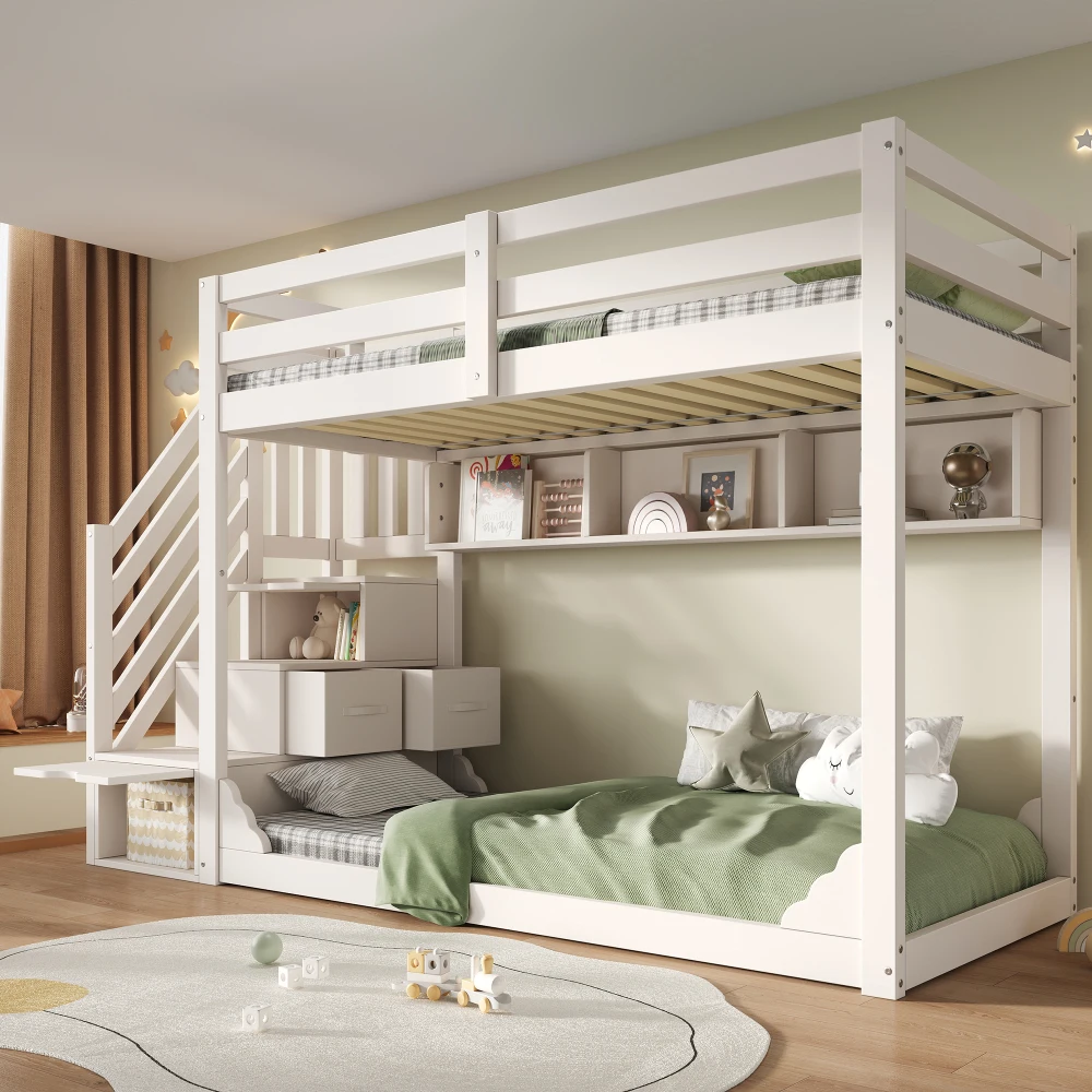 Childrens Bunk Bed with Staircase 90x200cm Wood Storage Bed Space-saving No Mattress