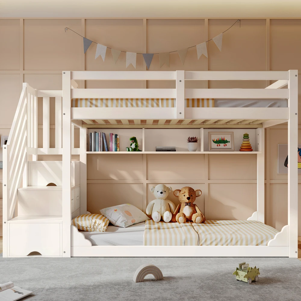 Childrens Bunk Bed with Staircase 90x200cm Wood Storage Bed Space-saving No Mattress