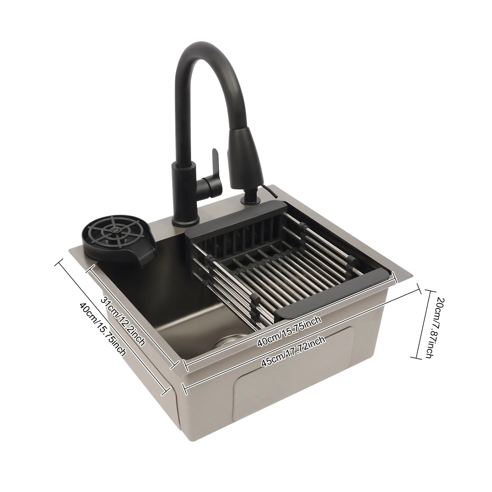 Kitchen Sink, 45 X 40 Cm, Stainless Steel, Retractable, 360 °, W/ Drain Basket + Soap Dispenser for Kitchen, Undercarriage Sink