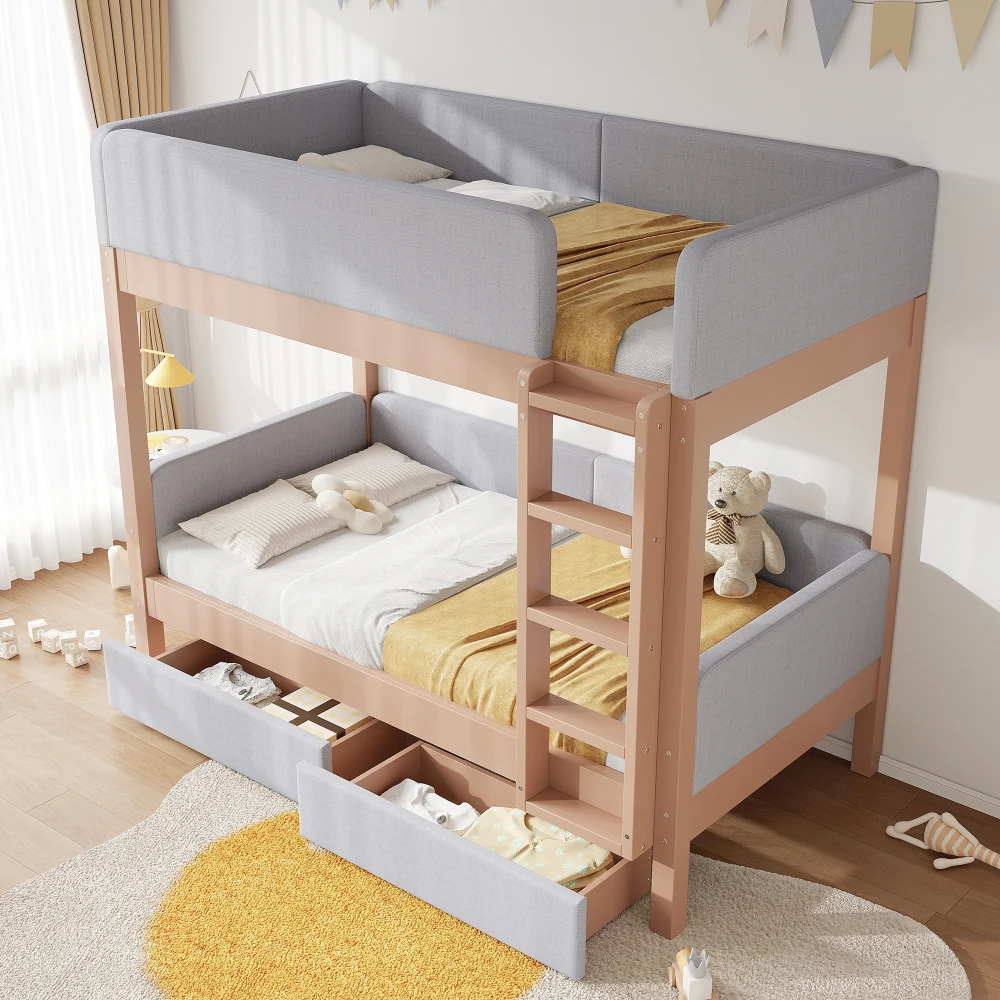 90x200cm Bunk Bed with Baby Cot Soft Anti-collision Sponge Edge Four-level Straight Staircase 2 Drawers Stable Slat Grille