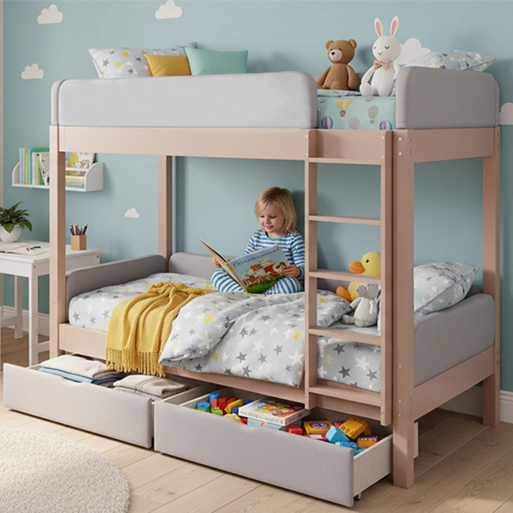 90x200cm Bunk Bed with Baby Cot Soft Anti-collision Sponge Edge Four-level Straight Staircase 2 Drawers Stable Slat Grille