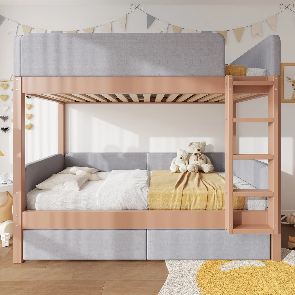 90x200cm Bunk Bed with Baby Cot Soft Anti-collision Sponge Edge Four-level Straight Staircase 2 Drawers Stable Slat Grille