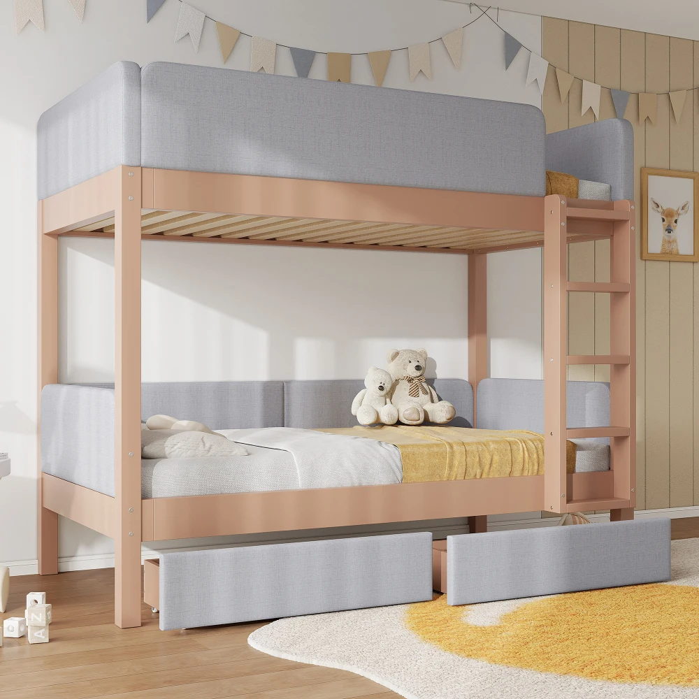 90x200cm Bunk Bed with Baby Cot Soft Anti-collision Sponge Edge Four-level Straight Staircase 2 Drawers Stable Slat Grille