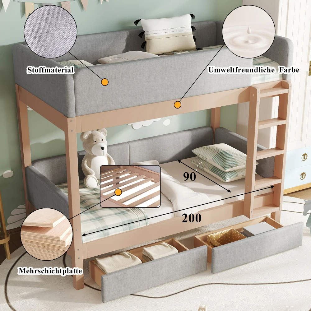 90x200cm Bunk Bed with Baby Cot Soft Anti-collision Sponge Edge Four-level Straight Staircase 2 Drawers Stable Slat Grille