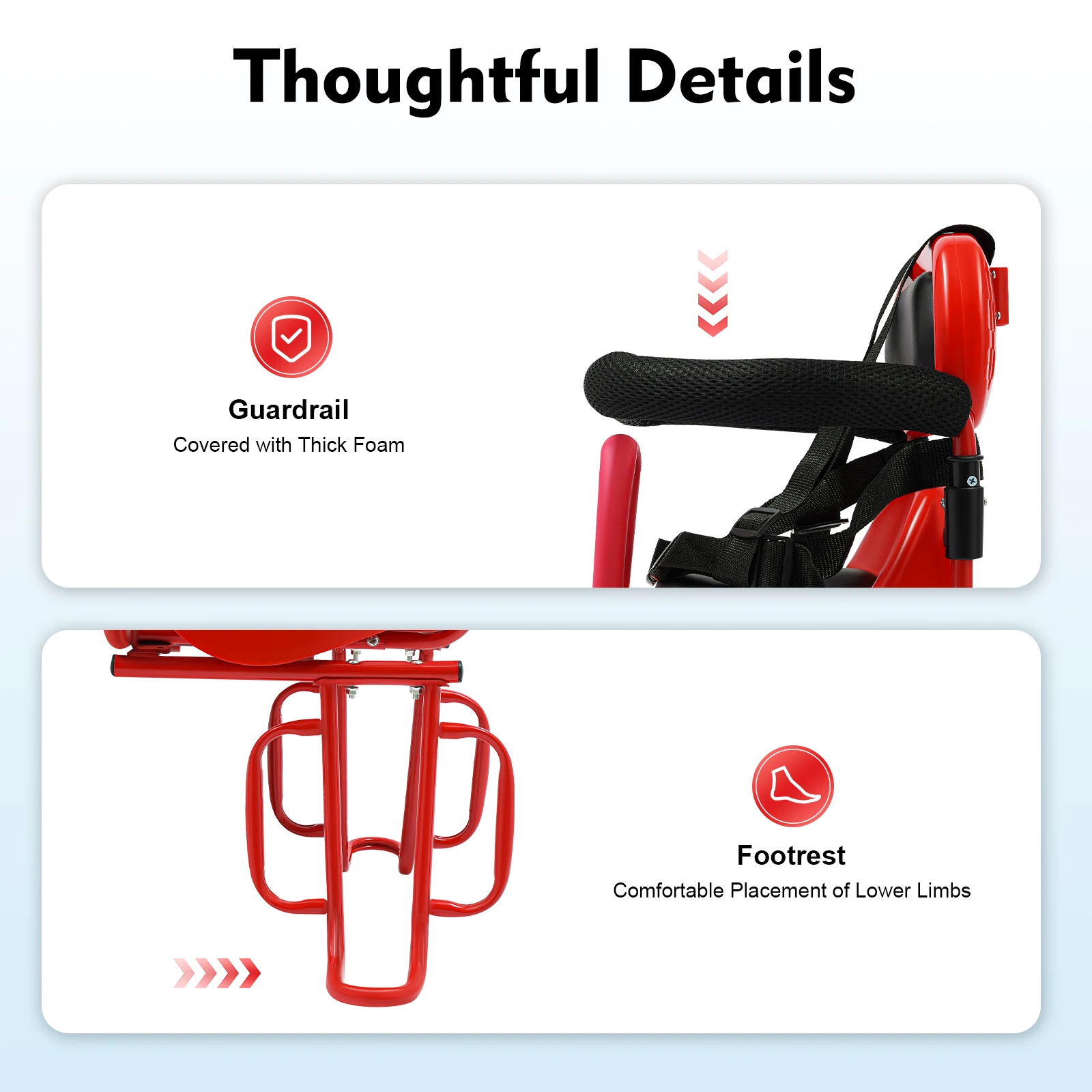 Kids Rear Bike Seat,6 Months-6 Years Red Padded Leather Steel Frame,Safety Harness U-Guardrail with Footrests for Most Bicycles