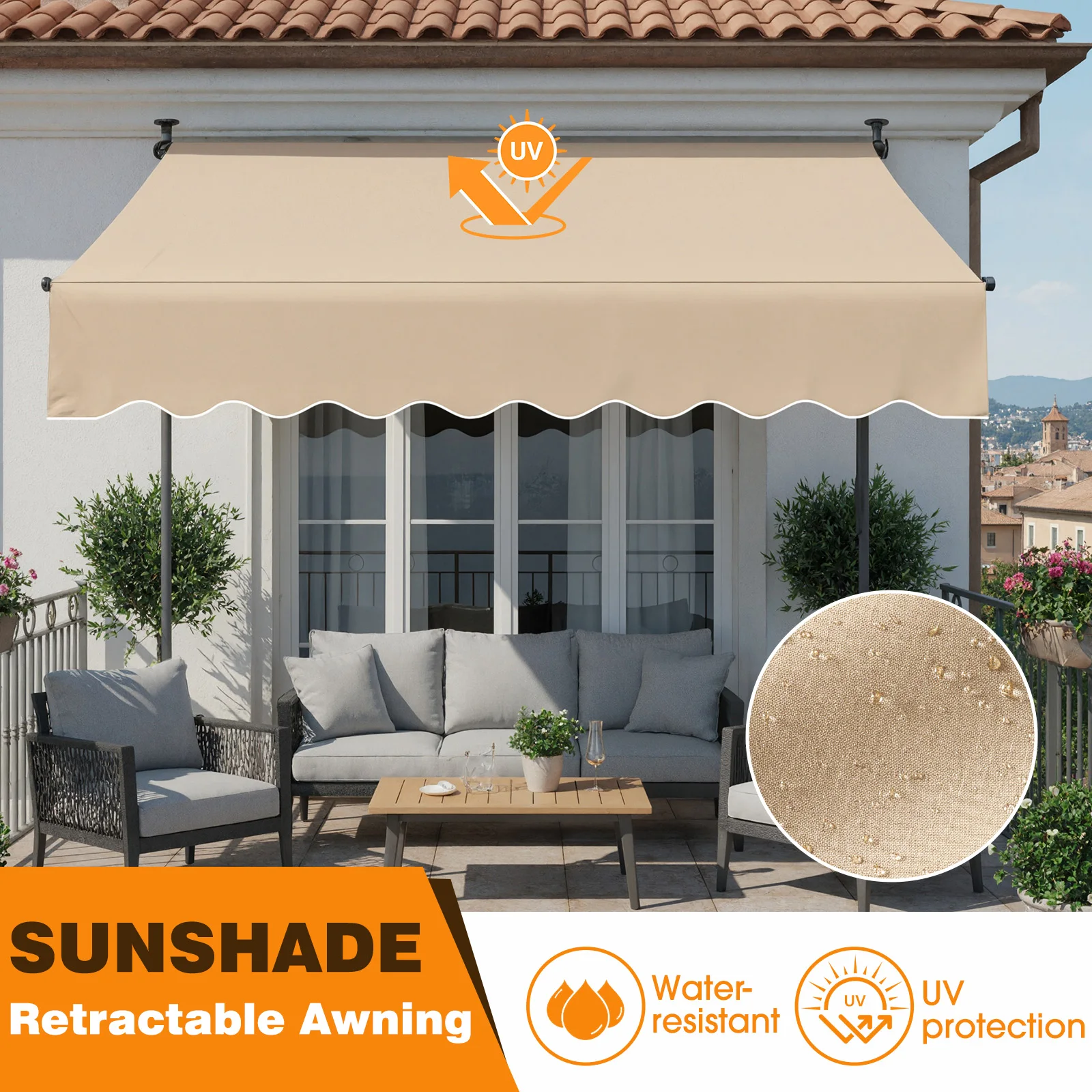 Patio Awning Retractable Awning Sunshade Shelter with Manual Crank Handle , Outdoor Yard Canopy Sunsetter Deck UV50+ Sun Shade