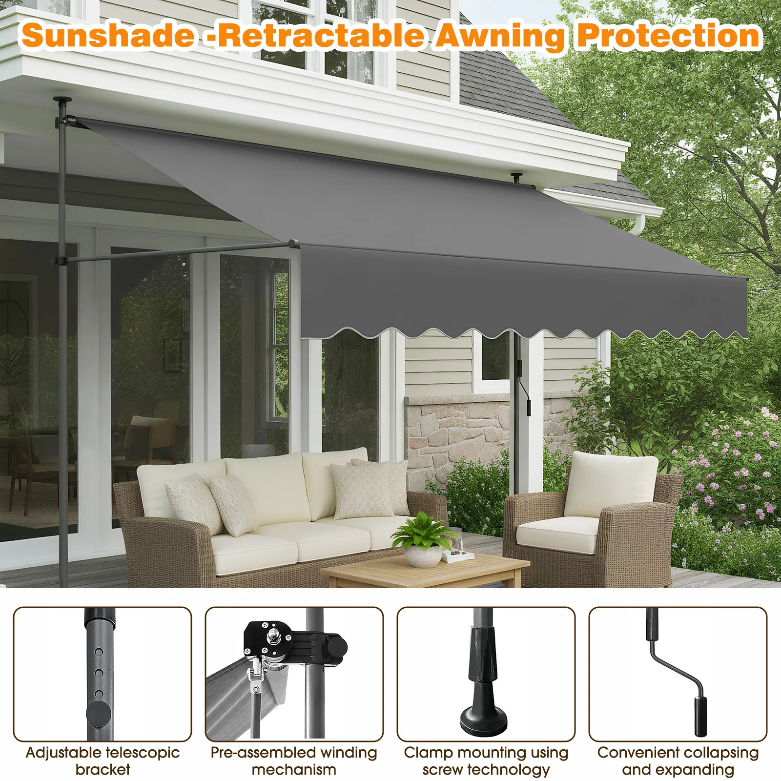 Patio Awning Retractable Awning Sunshade Shelter with Manual Crank Handle , Outdoor Yard Canopy Sunsetter Deck UV50+ Sun Shade
