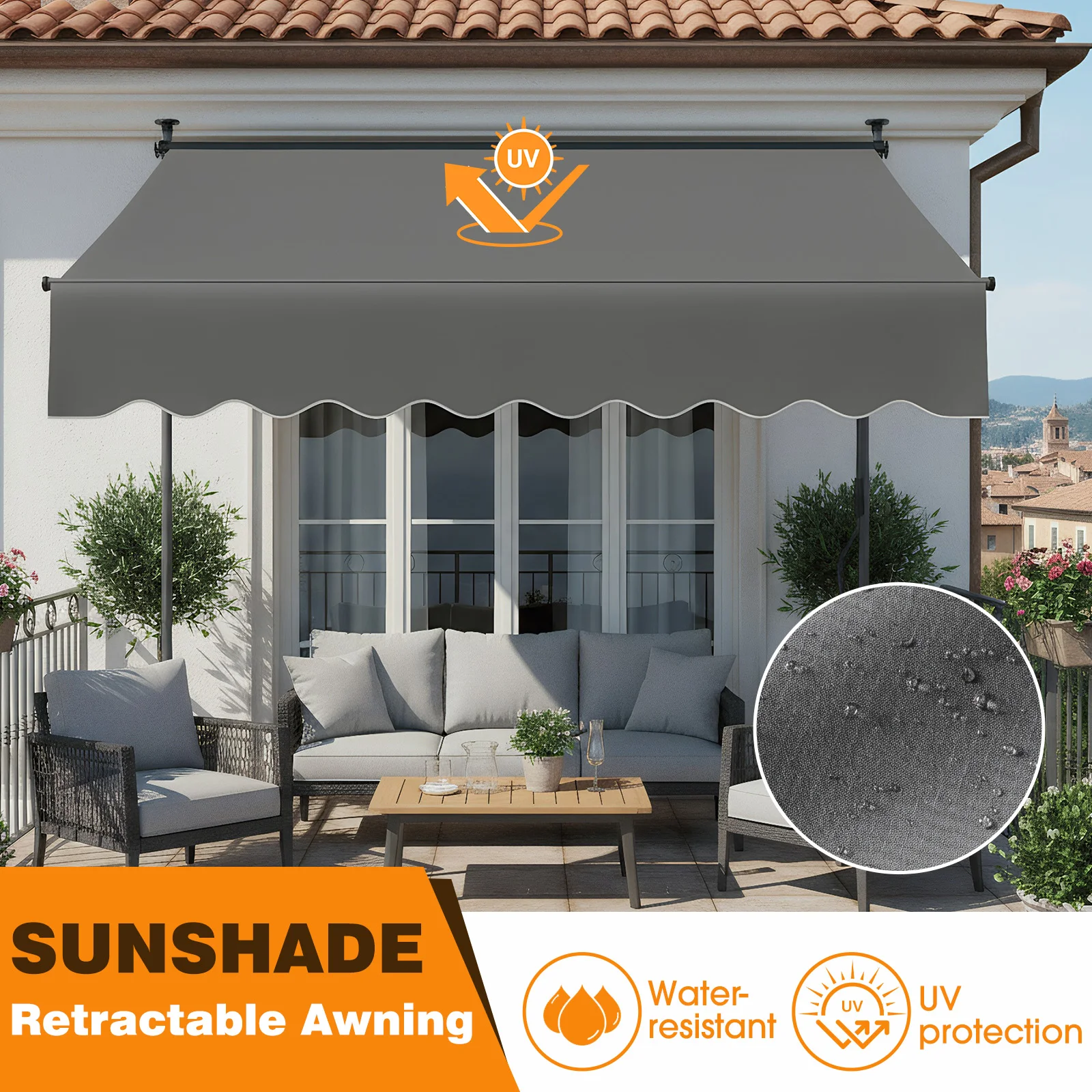 Patio Awning Retractable Awning Sunshade Shelter with Manual Crank Handle , Outdoor Yard Canopy Sunsetter Deck UV50+ Sun Shade