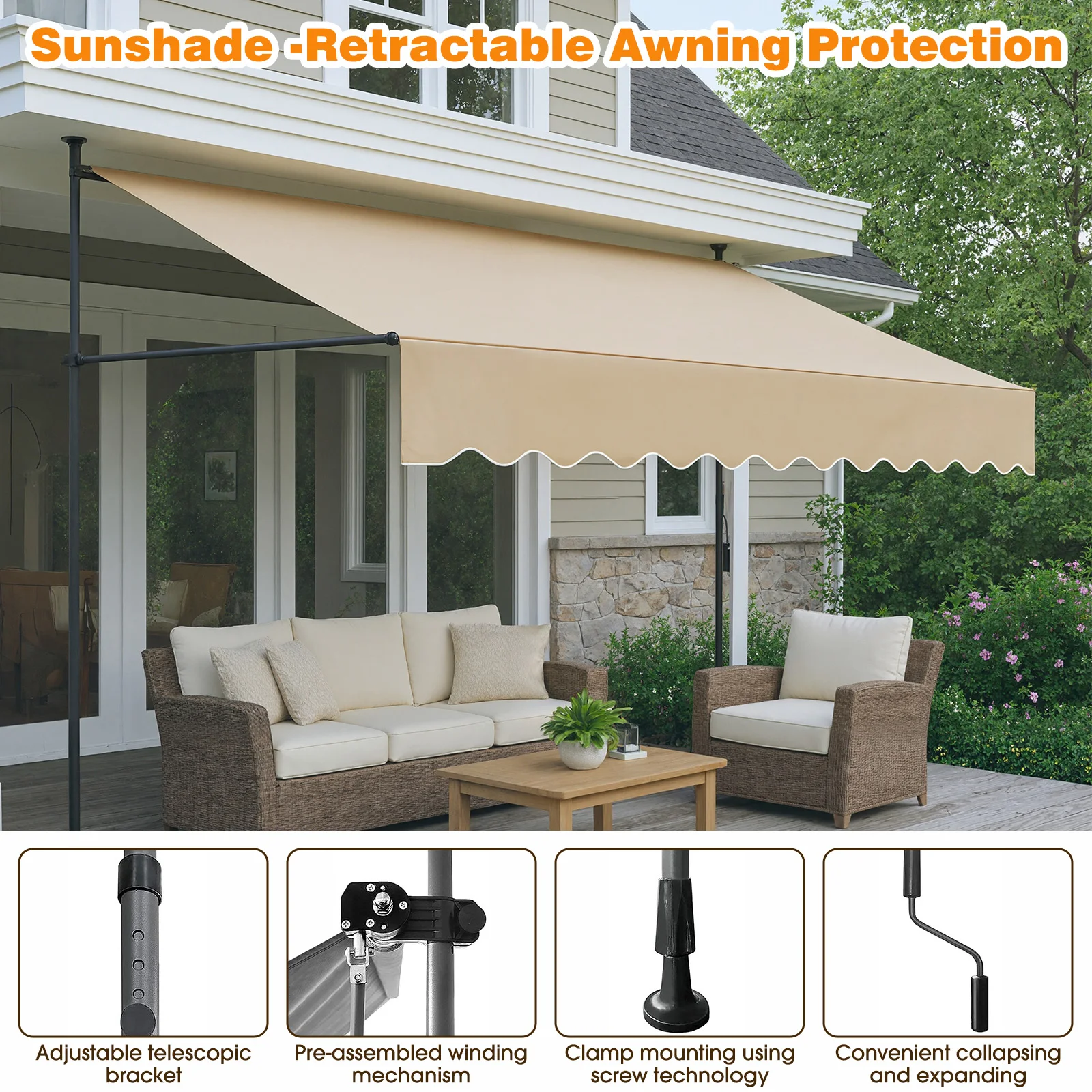 Patio Awning Retractable Awning Sunshade Shelter with Manual Crank Handle , Outdoor Yard Canopy Sunsetter Deck UV50+ Sun Shade