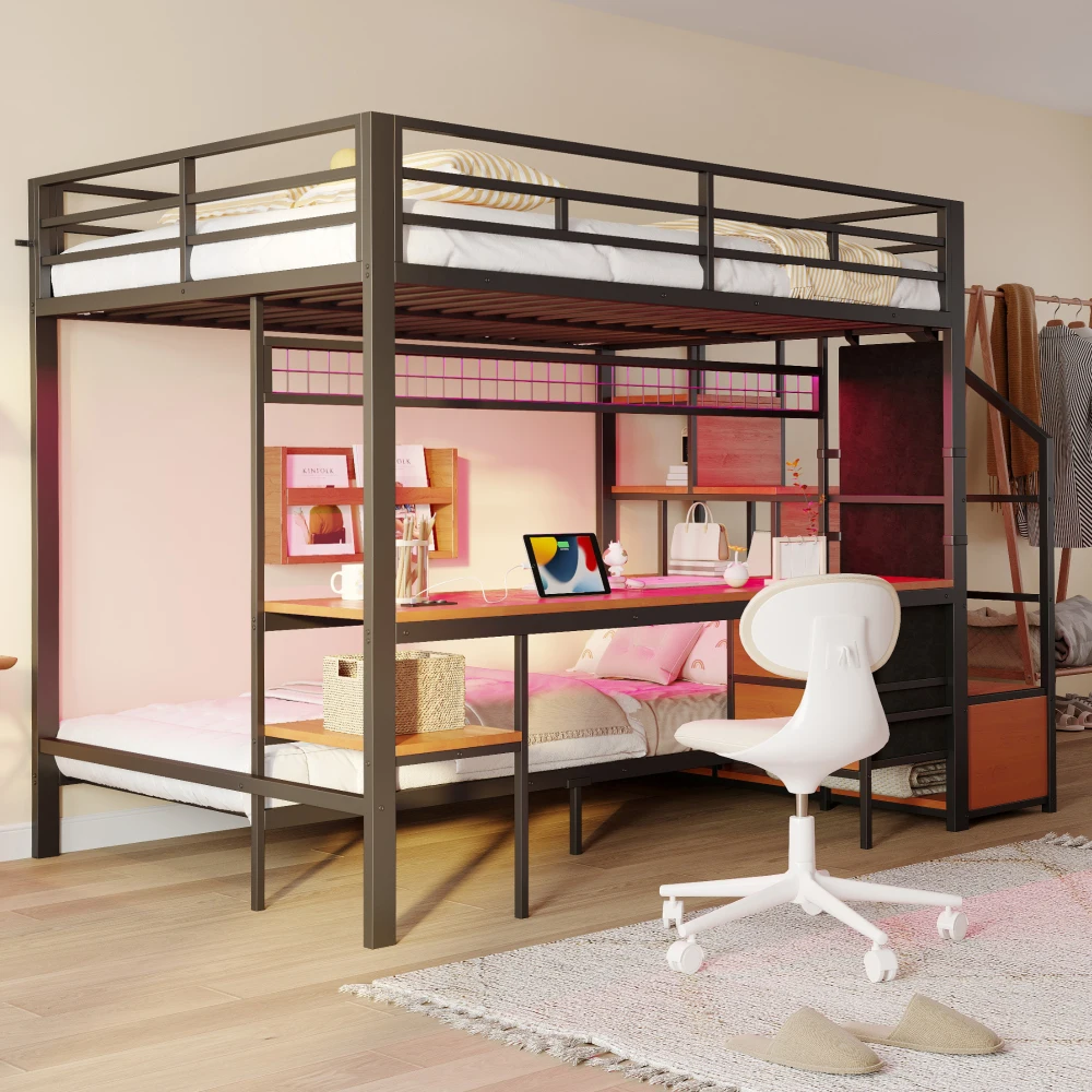 Metal Bunk Bed, Multi-function Bed with Desk, LED, with Sockets, Open Storage and Fabric Drawers, 140*200 Cm and 90*200 Cm