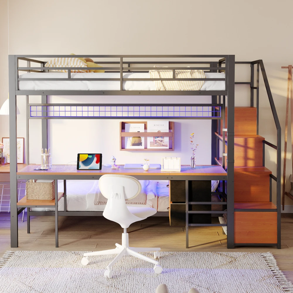 Metal Bunk Bed, Multi-function Bed with Desk, LED, with Sockets, Open Storage and Fabric Drawers, 140*200 Cm and 90*200 Cm