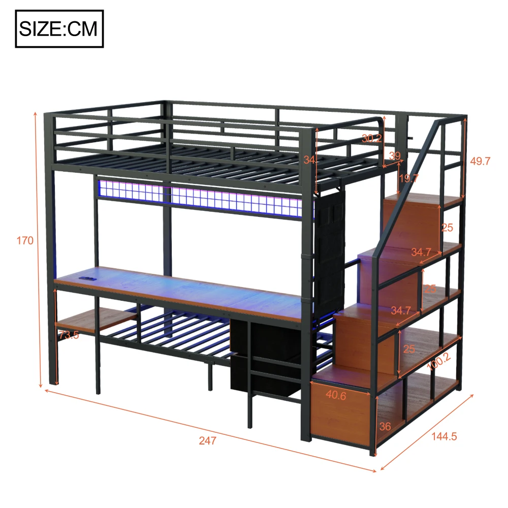 Metal Bunk Bed, Multi-function Bed with Desk, LED, with Sockets, Open Storage and Fabric Drawers, 140*200 Cm and 90*200 Cm