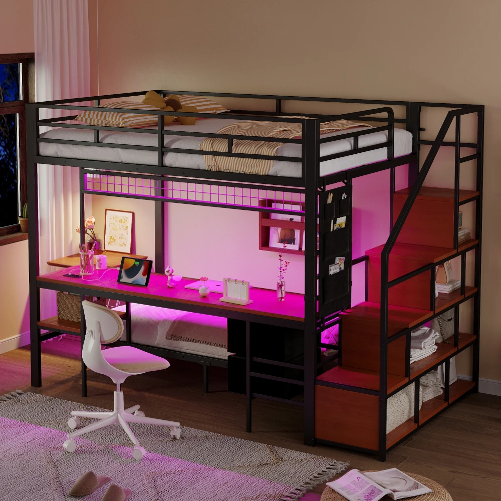 Metal Bunk Bed, Multi-function Bed with Desk, LED, with Sockets, Open Storage and Fabric Drawers, 140*200 Cm and 90*200 Cm