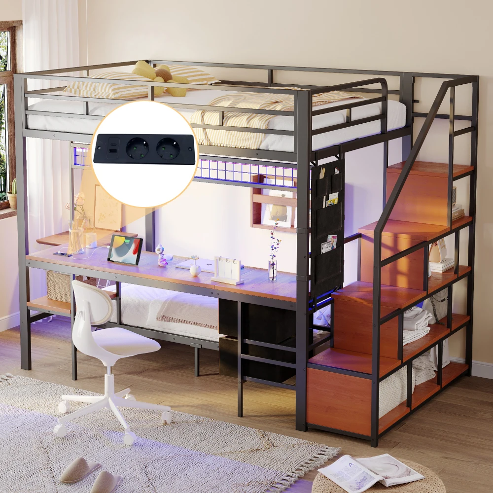 Metal Bunk Bed, Multi-function Bed with Desk, LED, with Sockets, Open Storage and Fabric Drawers, 140*200 Cm and 90*200 Cm