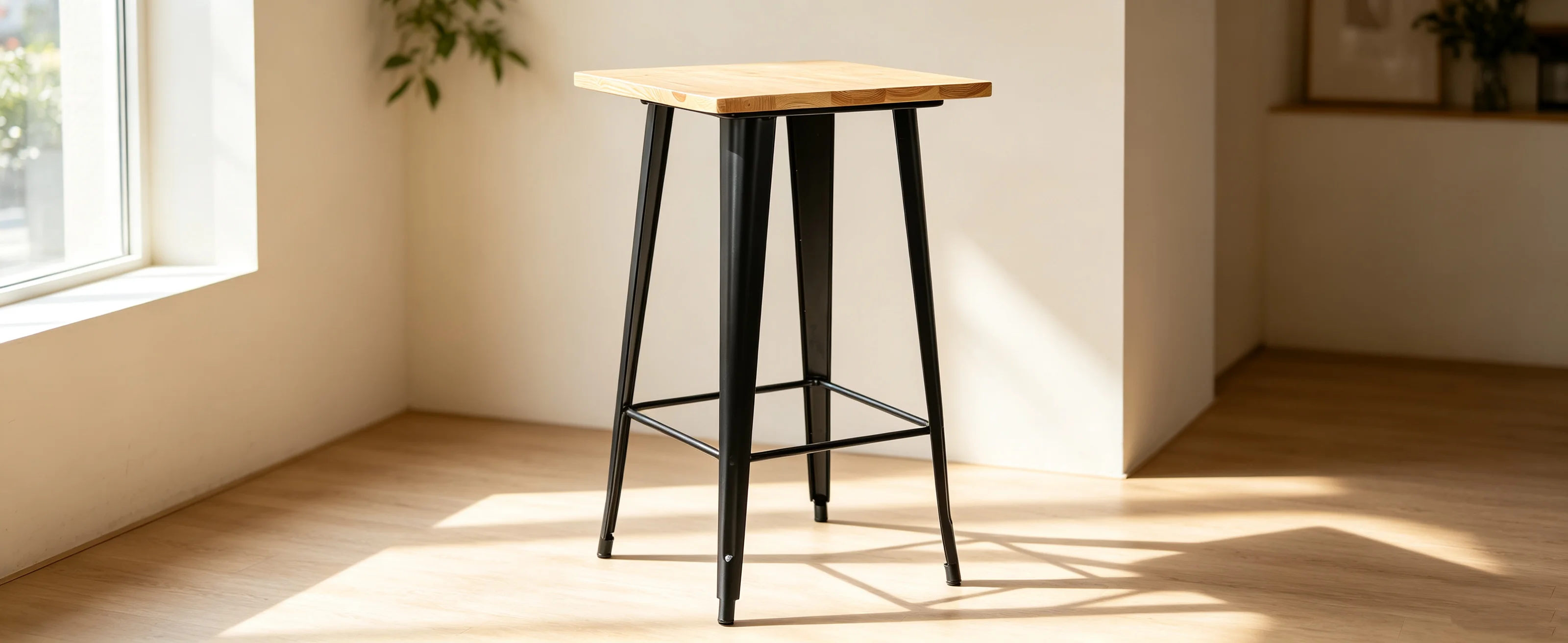 Square High Table in Wood and Steel (60X60Cm) - Black/Natural Wood Color