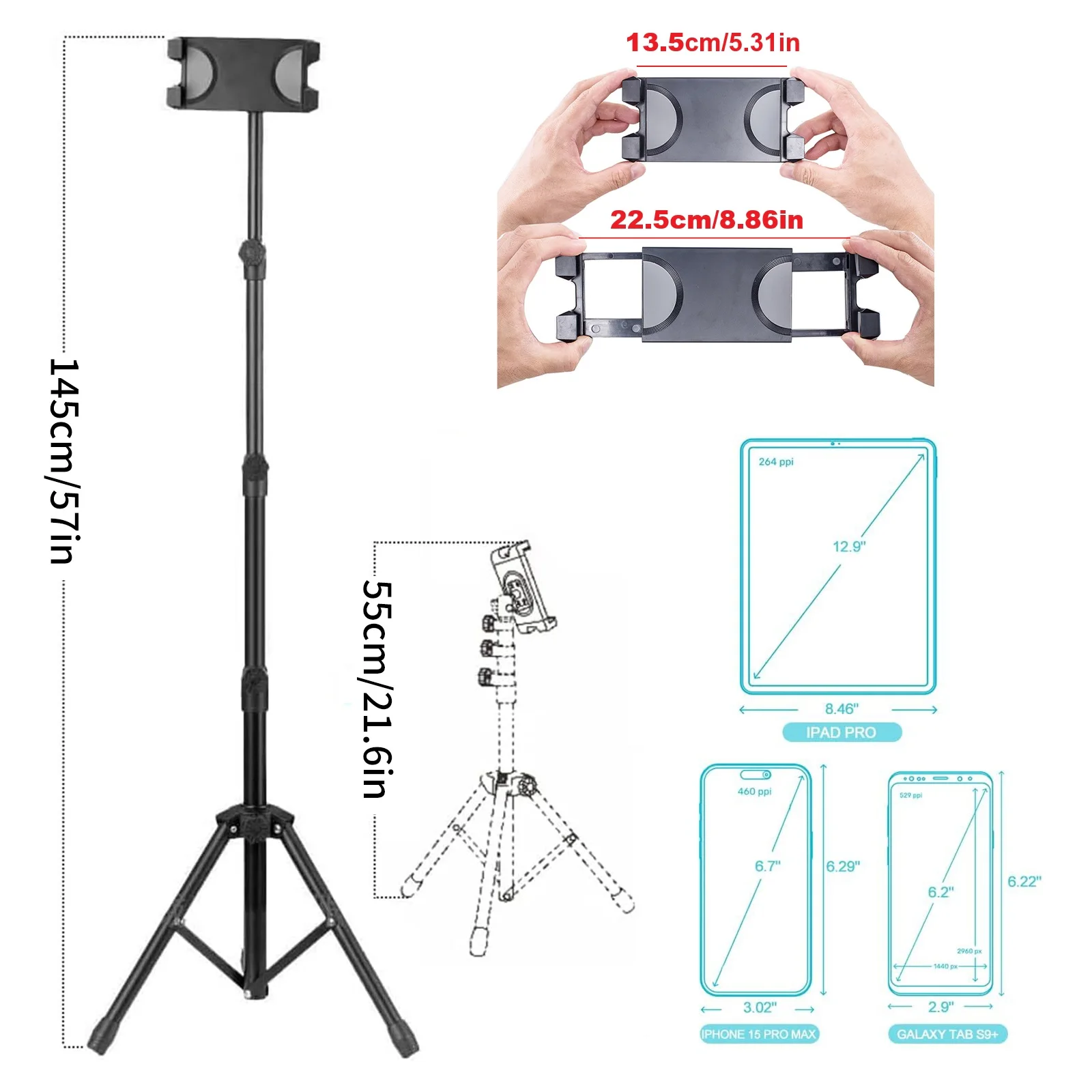 Tablet Tripod Floor Stand 55-145cm Adjustable for iPad iPhone 4.7-12.9 Inch, Foldable Portable Holder for Video, Live, Reading