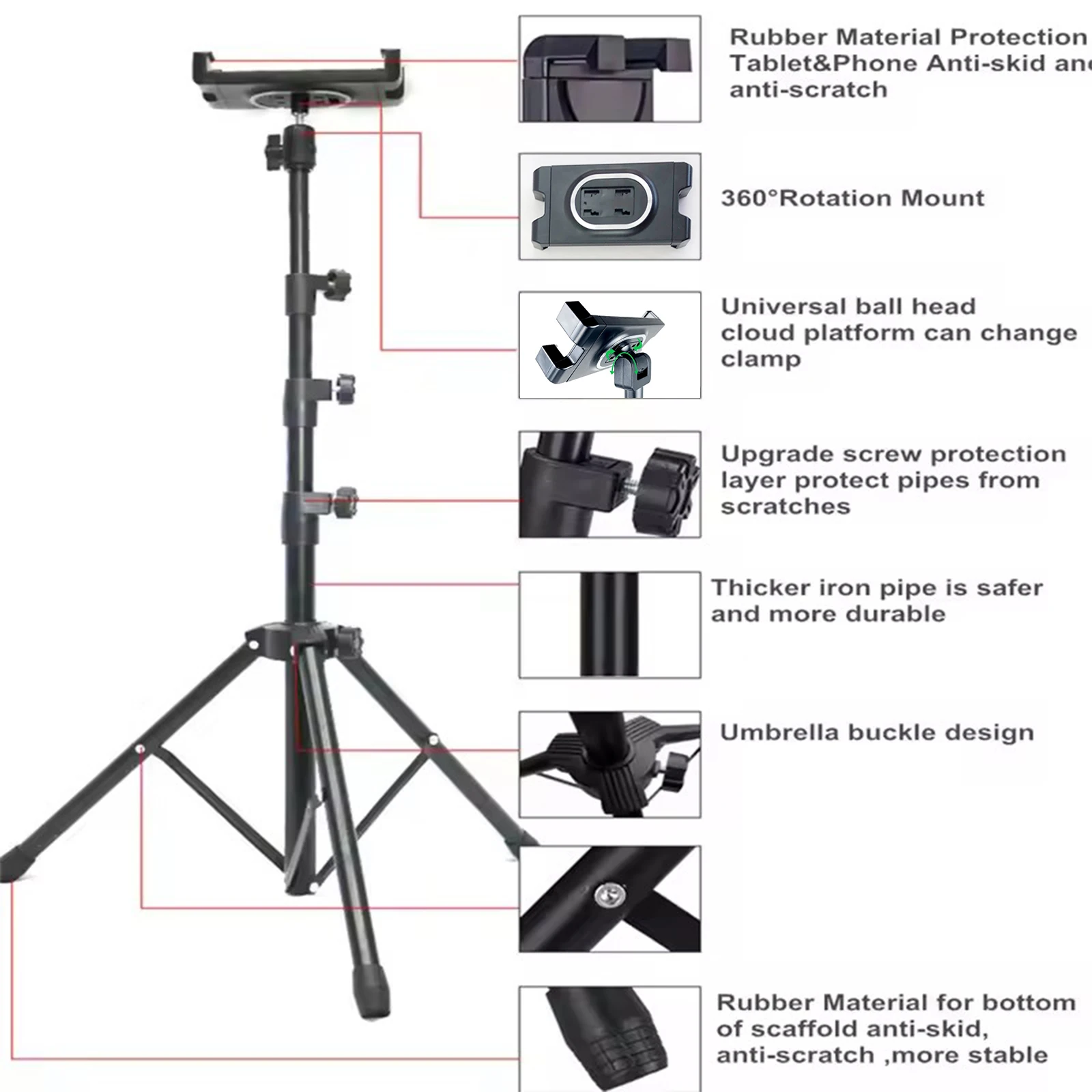 Tablet Tripod Floor Stand 55-145cm Adjustable for iPad iPhone 4.7-12.9 Inch, Foldable Portable Holder for Video, Live, Reading