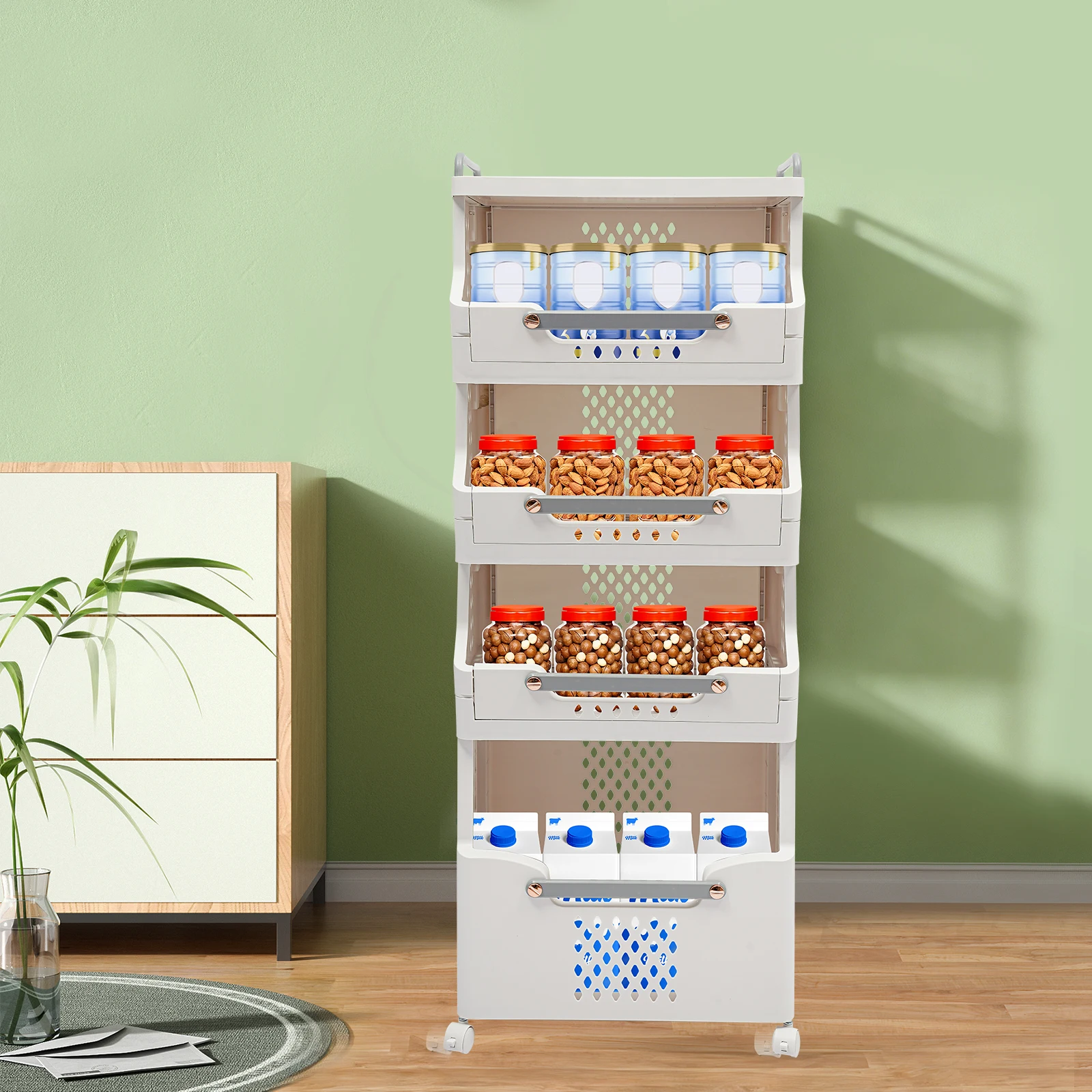 4 Tier Folding Laundry Basket with Wheels Large Capacity Foldable Dirty Clothes Hamper Storage Organizer for Bathroom Bedroom