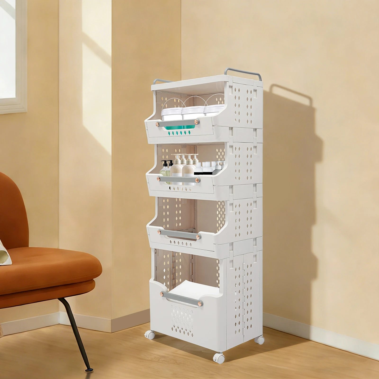 4 Tier Folding Laundry Basket with Wheels Large Capacity Foldable Dirty Clothes Hamper Storage Organizer for Bathroom Bedroom