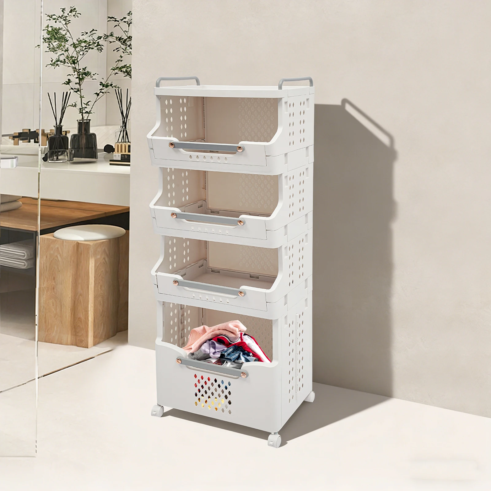 4 Tier Folding Laundry Basket with Wheels Large Capacity Foldable Dirty Clothes Hamper Storage Organizer for Bathroom Bedroom
