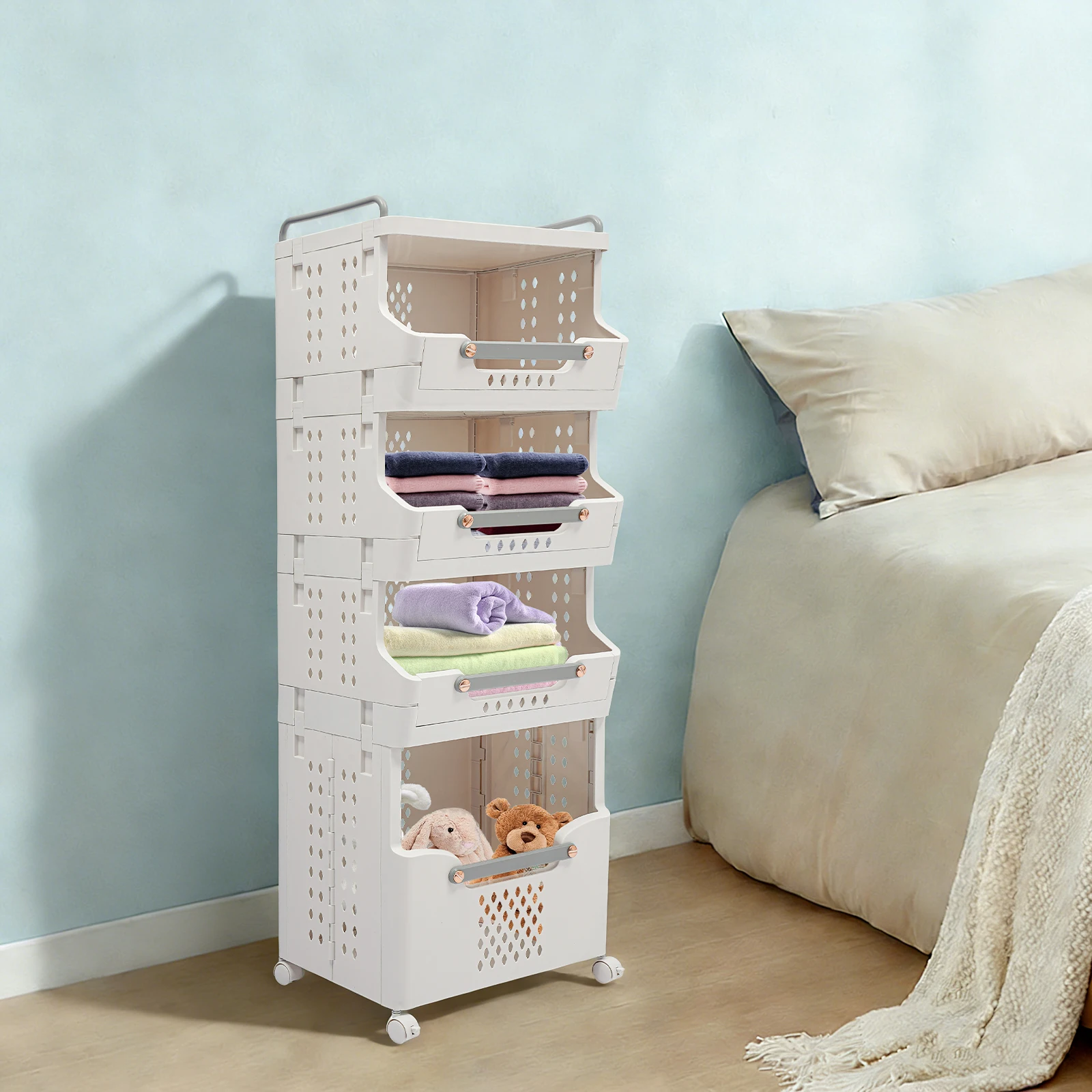 4 Tier Folding Laundry Basket with Wheels Large Capacity Foldable Dirty Clothes Hamper Storage Organizer for Bathroom Bedroom
