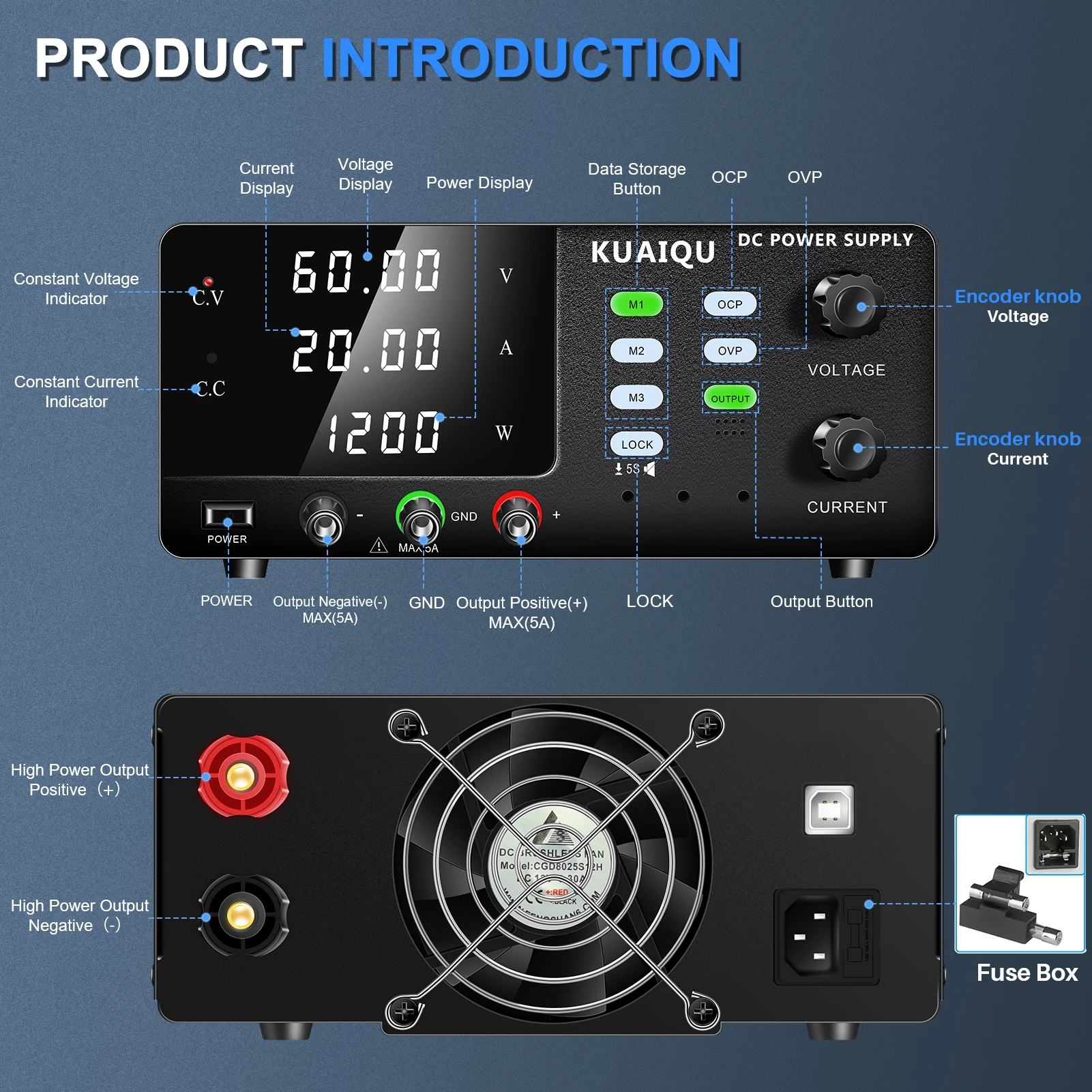 KUAIQU 1200W 60V 20A Digital DC Power Supply Computer-Controlled Via USB OVP/OCP/Output Advanced Preset Memory for Aging Test