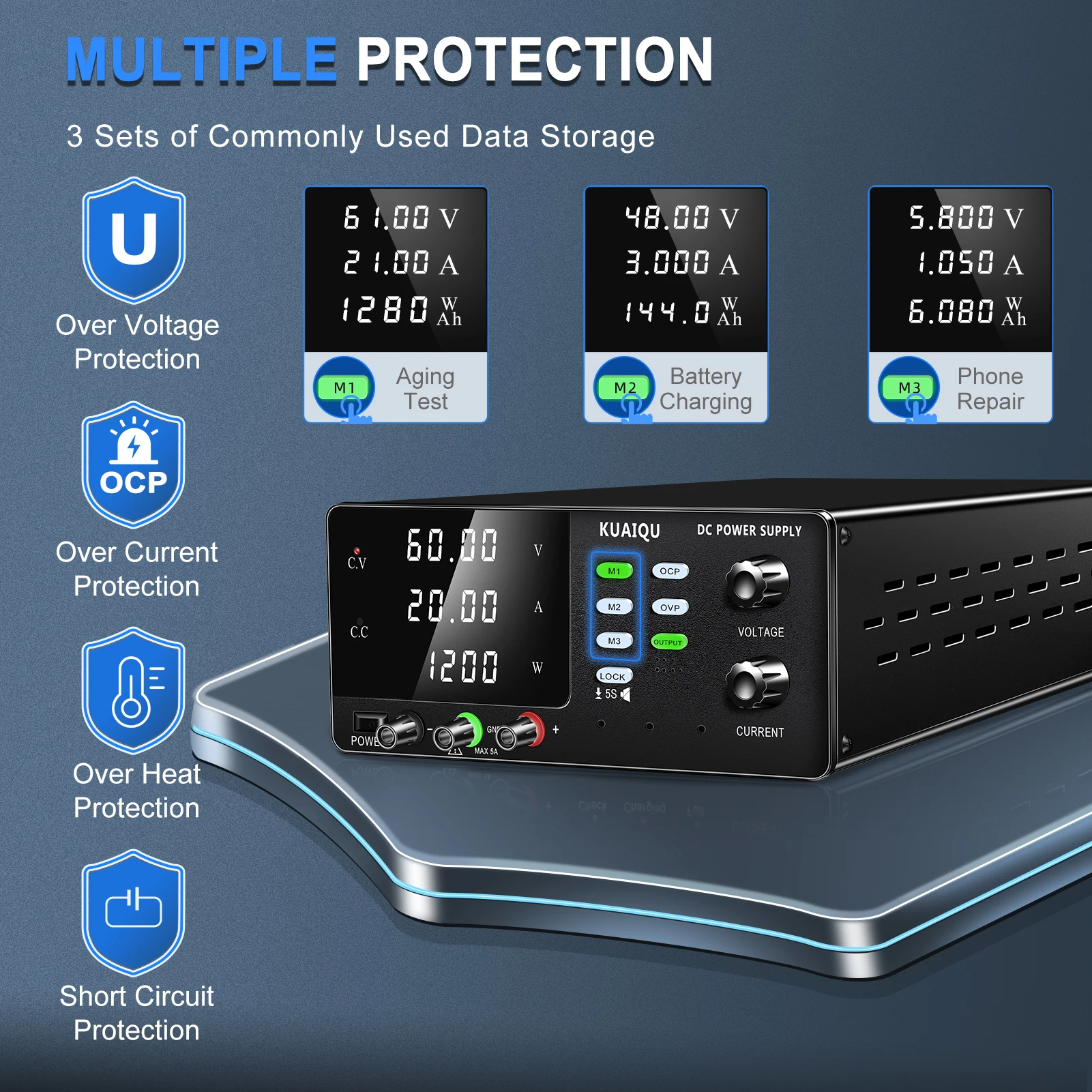 KUAIQU 1200W 60V 20A Digital DC Power Supply Computer-Controlled Via USB OVP/OCP/Output Advanced Preset Memory for Aging Test