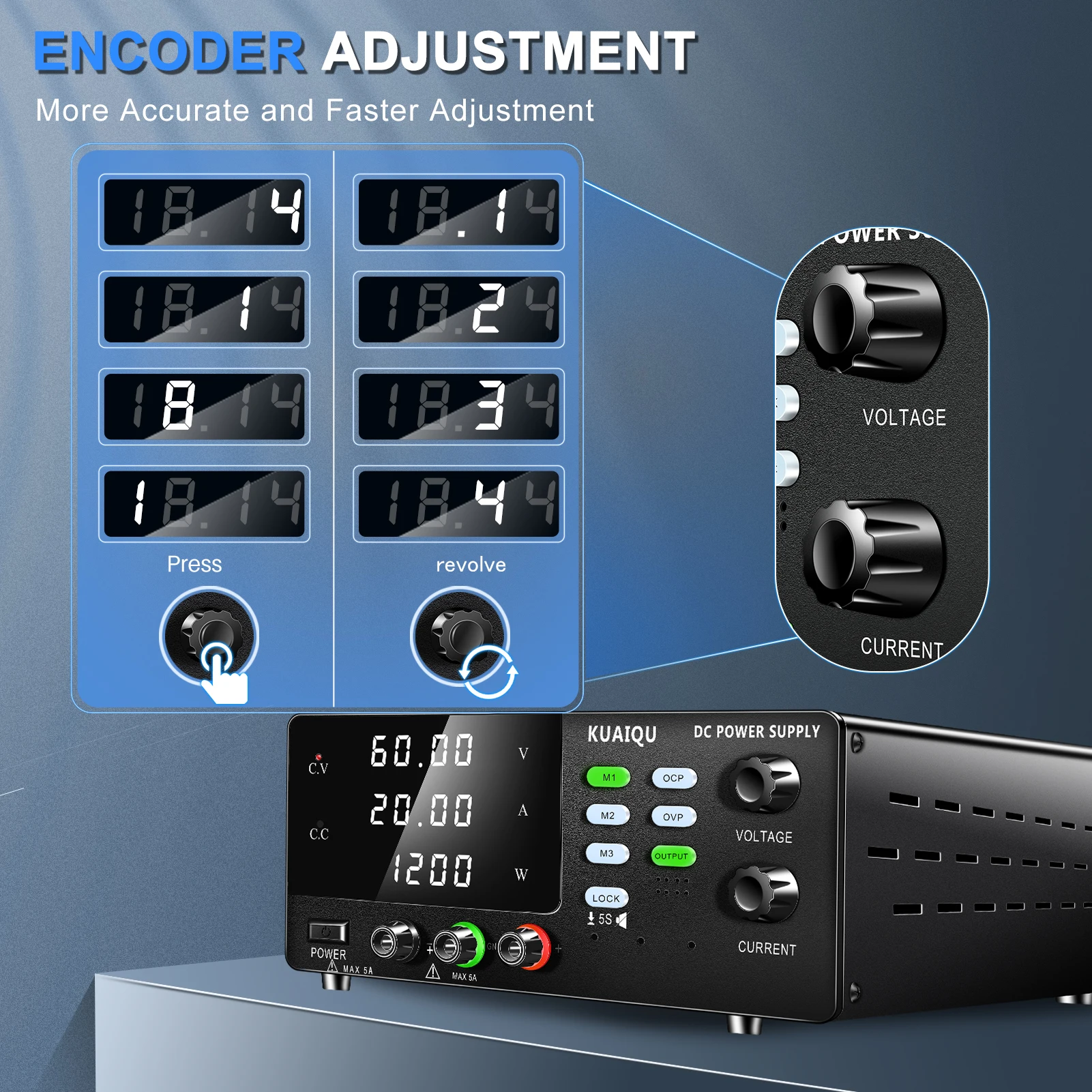 KUAIQU 1200W 60V 20A Digital DC Power Supply Computer-Controlled Via USB OVP/OCP/Output Advanced Preset Memory for Aging Test