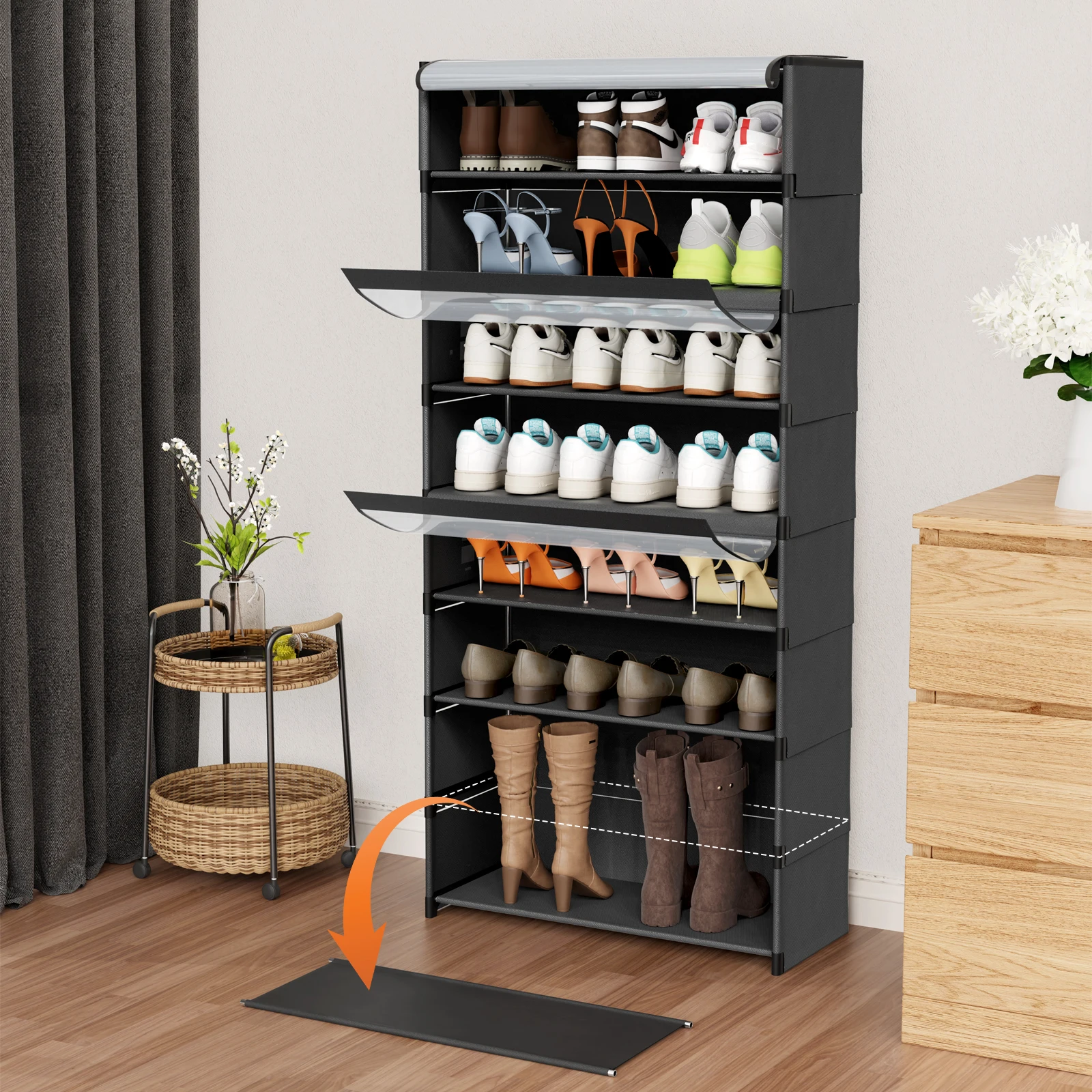 Shoe Rack, 8 Compartments, Shoe Cabinet with Doors, for 24 Pairs, Modular Plastic Shelf, for Entryway, Bedroom, Hallway