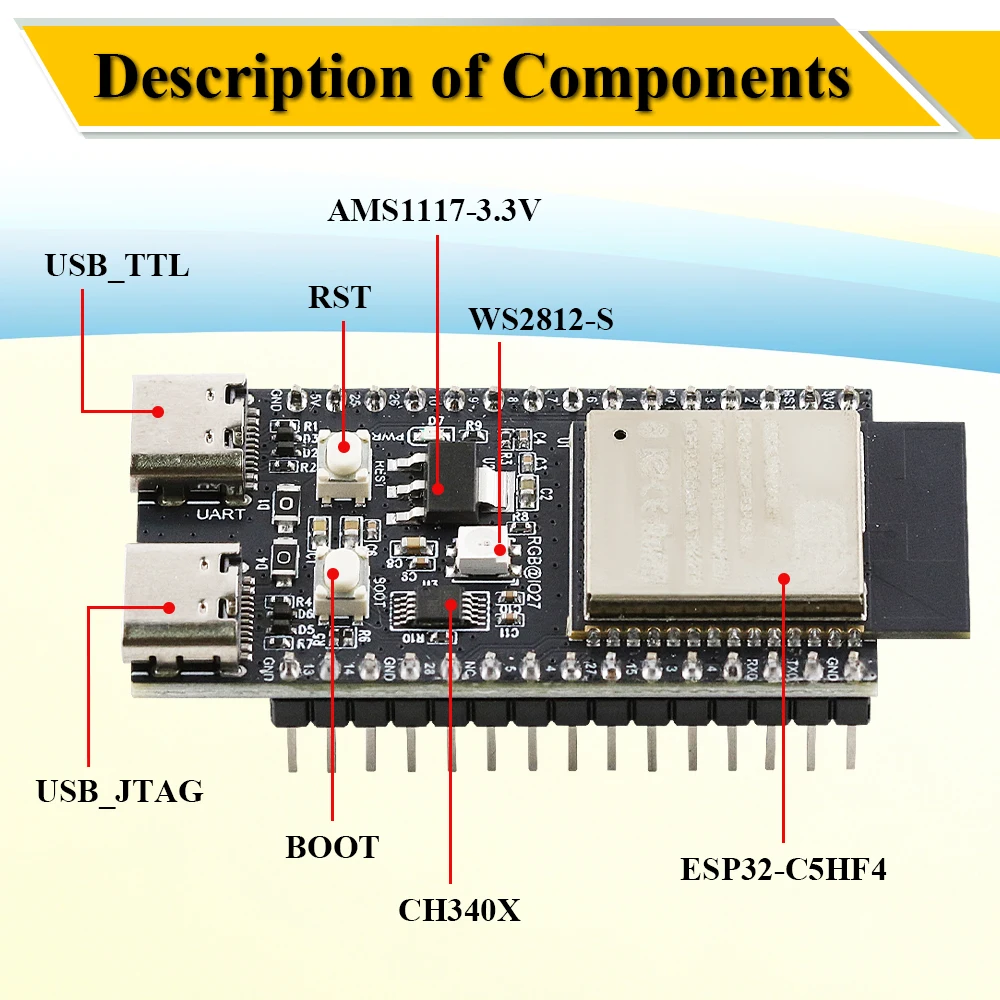 ESP32-C5-DevKitC-1 Development Board Dual-frequency 2.4G 5GHz WiFi Module with Pin N4 4MB Flash WIFI 6 CH340 30PIN ESP32 C5