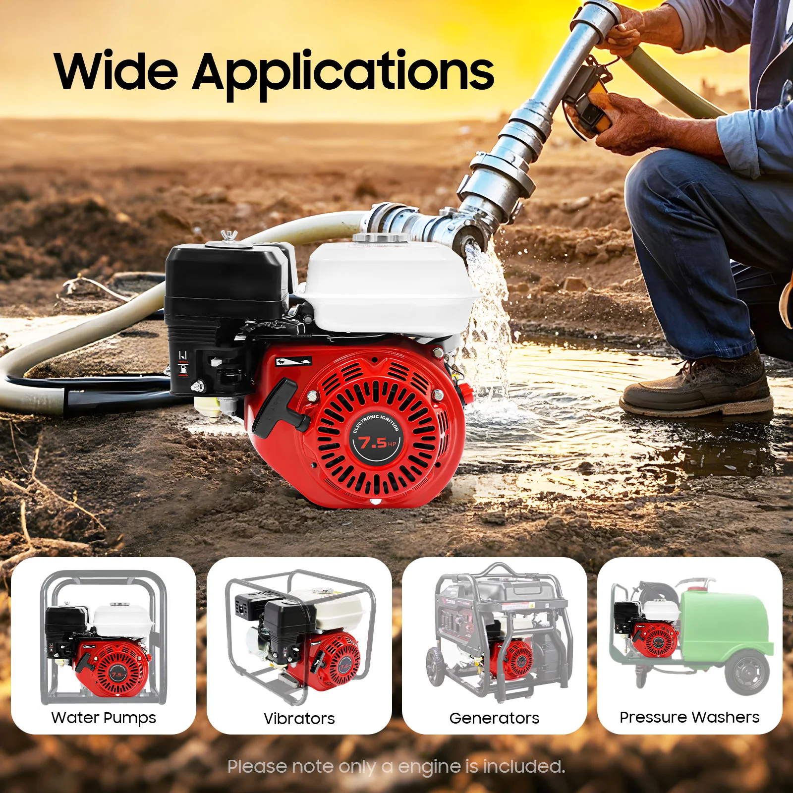 7.5hp Red Gasoline Engine| 212cc 4-Stroke 3000w Multi-Use Engine|Single Cylinder Air-cooled Gasoline Powered Engine