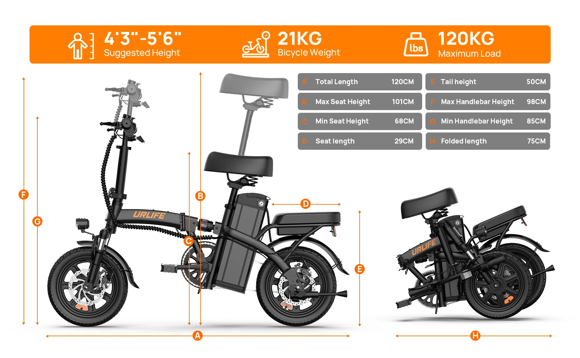 URLIFE F1L Adult Electric Bike 250W Motor 14 Inch Foldable City Commuter Bike with Rear Rack Unisex