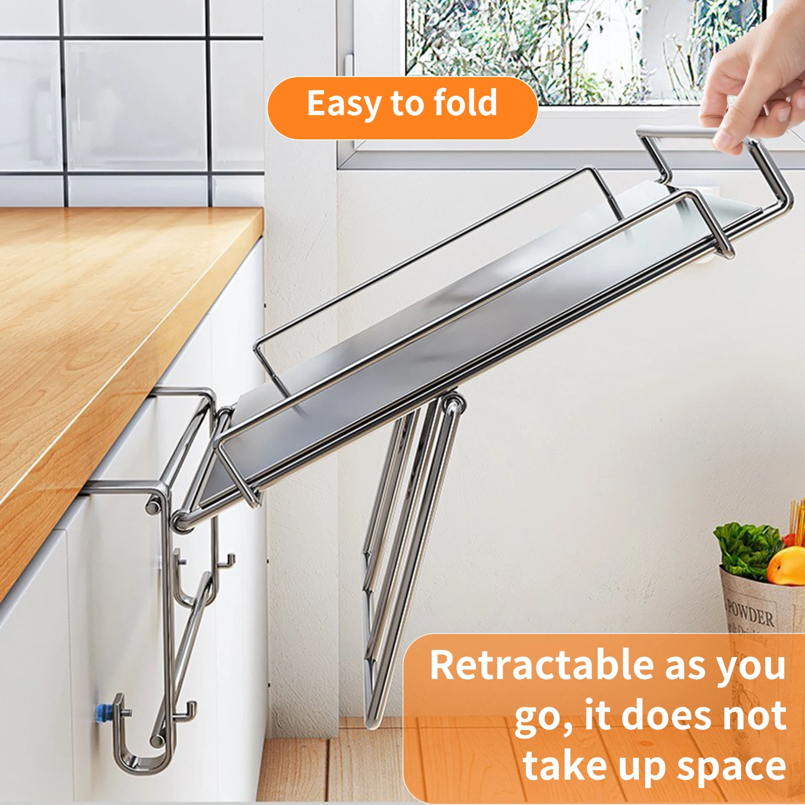 Stainless Steel Foldable Countertop Shelf for Kitchen Bathroom No-drill Hanging Cabinet Door Extension Storage Auxiliary Table
