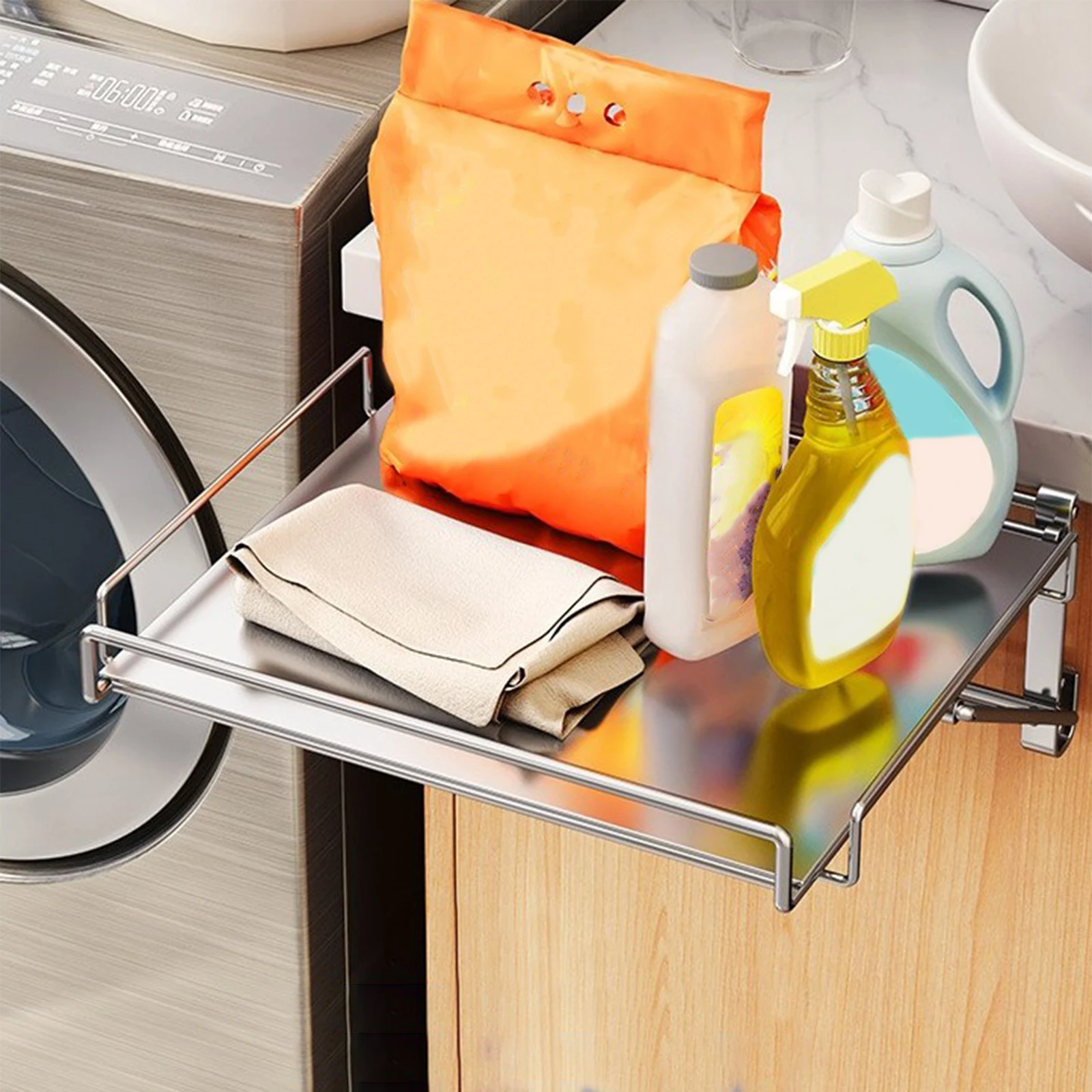 Stainless Steel Foldable Countertop Shelf for Kitchen Bathroom No-drill Hanging Cabinet Door Extension Storage Auxiliary Table