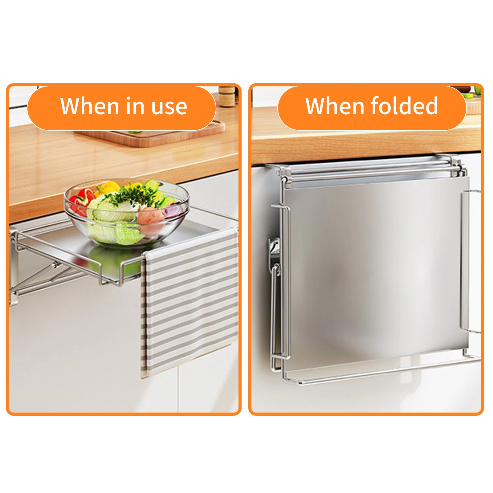 Stainless Steel Foldable Countertop Shelf for Kitchen Bathroom No-drill Hanging Cabinet Door Extension Storage Auxiliary Table