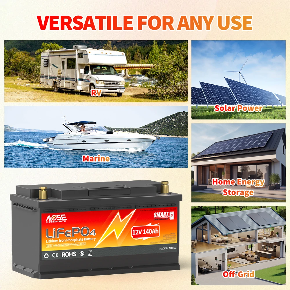 MOSEWORTH 2pcs 12V 140Ah LiFePO4 Lithium Battery Built-in 100A Bluetooth BMS Deep Cycle LiFePO4 Battery for Trolling Motor RV