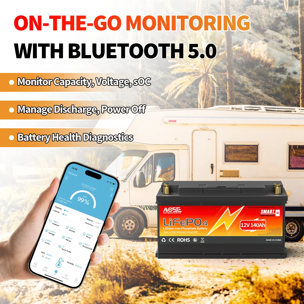 MOSEWORTH 2pcs 12V 140Ah LiFePO4 Lithium Battery Built-in 100A Bluetooth BMS Deep Cycle LiFePO4 Battery for Trolling Motor RV
