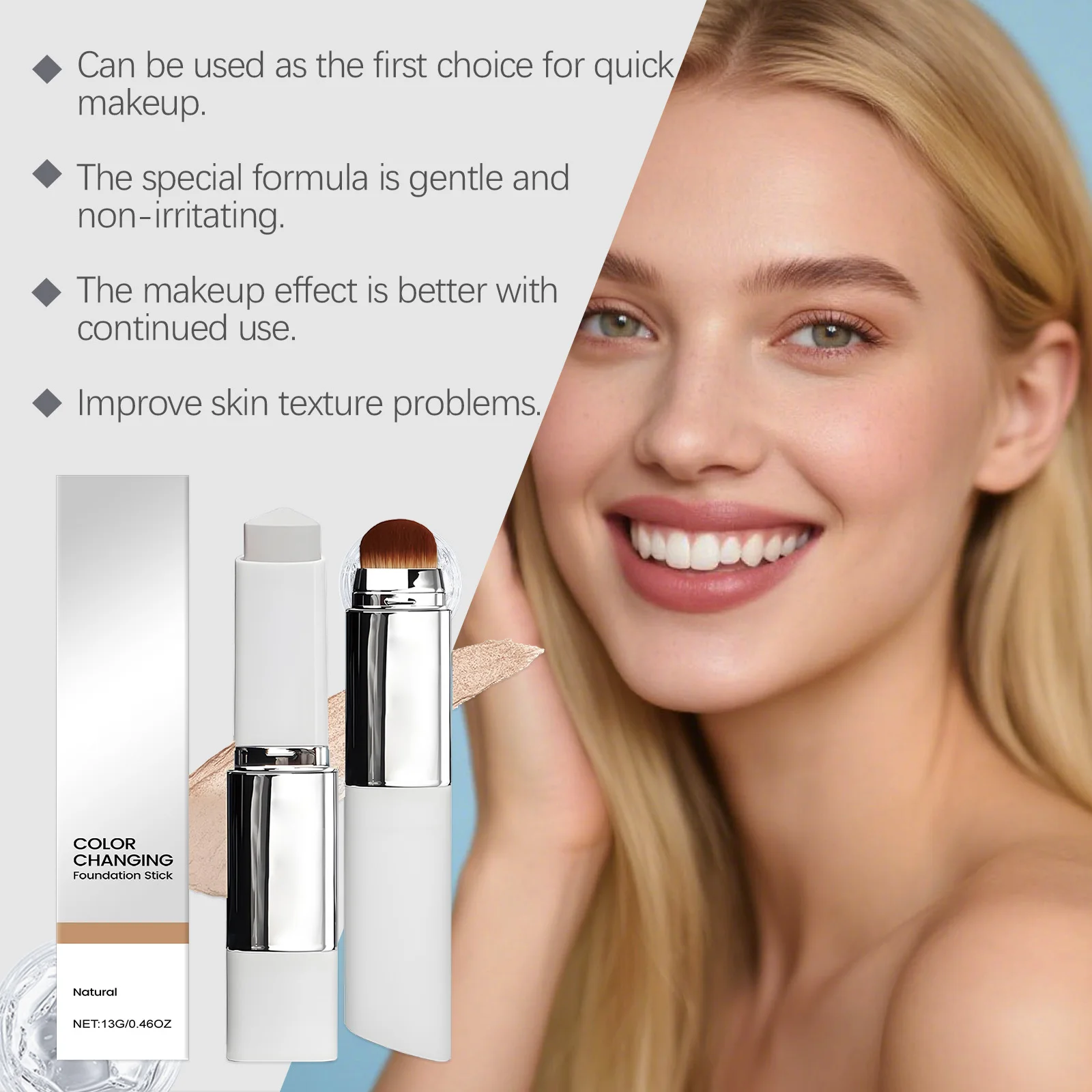 Color Changing Foundation Stick Waterproof Sweatproof Lightening Full Coverage Concealer 2 in 1 Stick Foundation Makeup Brushes