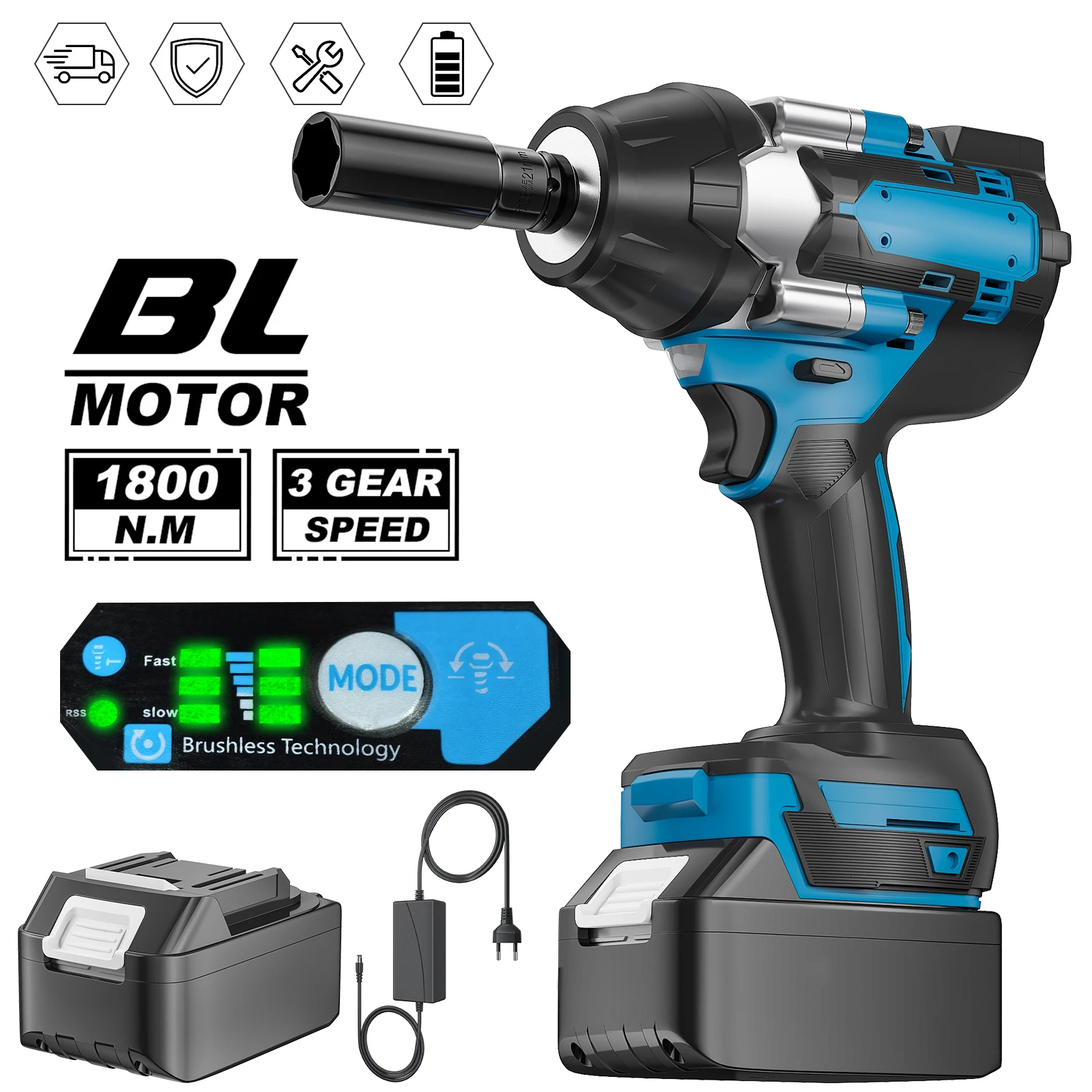 1800N. M Torque Brushless Electric Impact Wrench | 1/2 Inch Lithium-Ion Battery Rechargeable, Suitable For Heavy-Duty Projects,