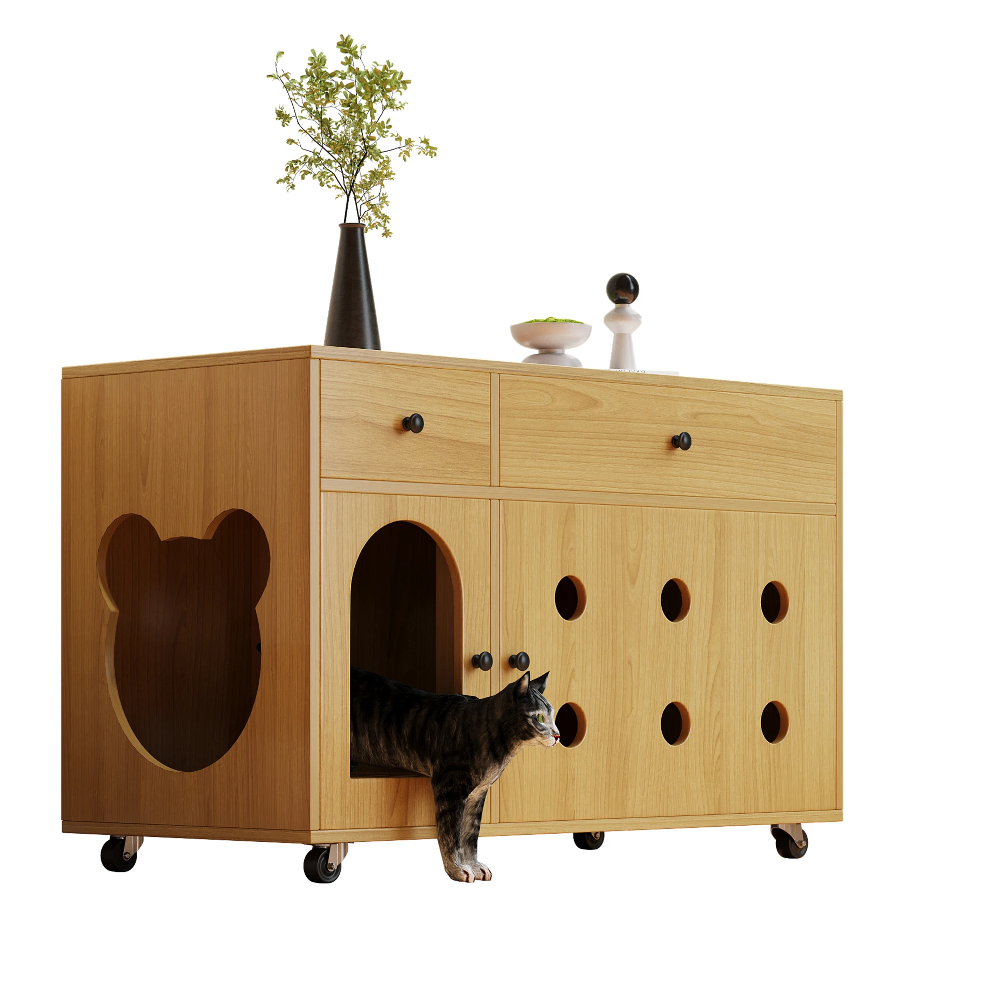 Cat litter box cabinet (mobile litter box) – Cat cabinet/cat house with removable sand drain plate, odor-insulated