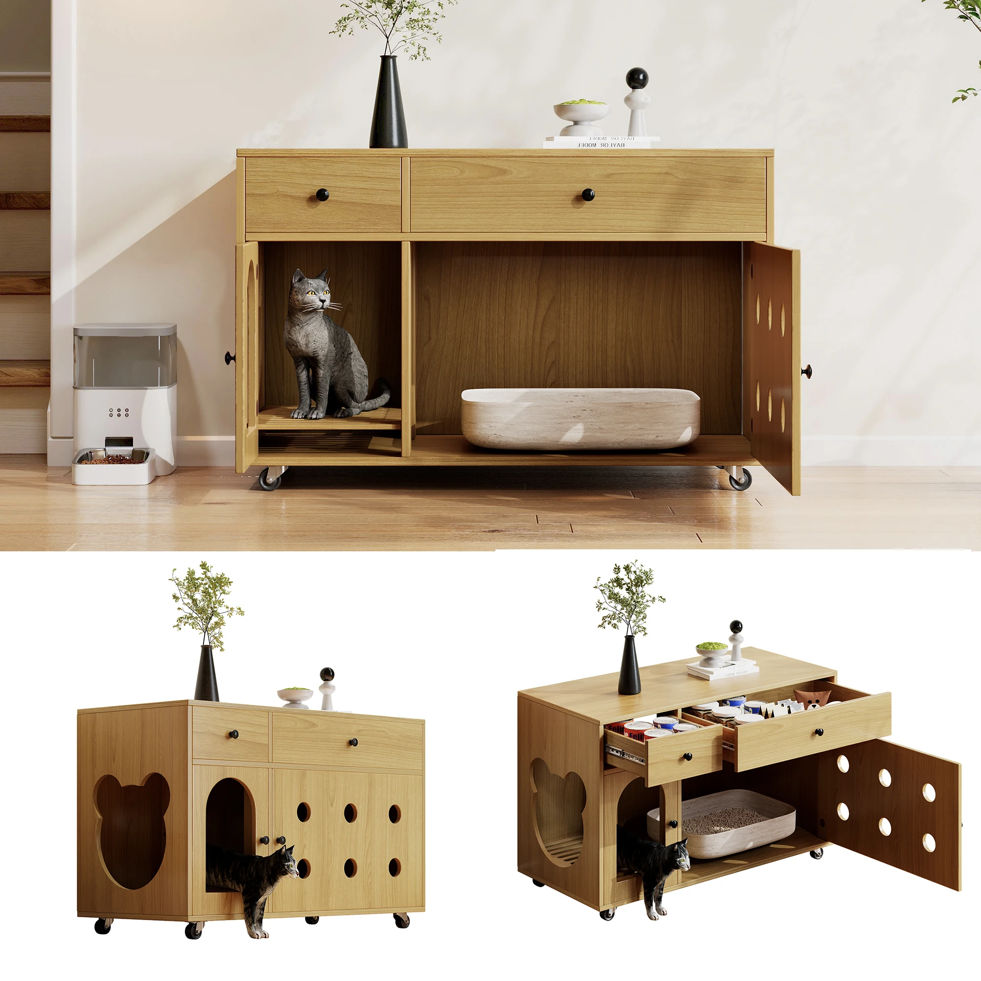 Cat litter box cabinet (mobile litter box) – Cat cabinet/cat house with removable sand drain plate, odor-insulated
