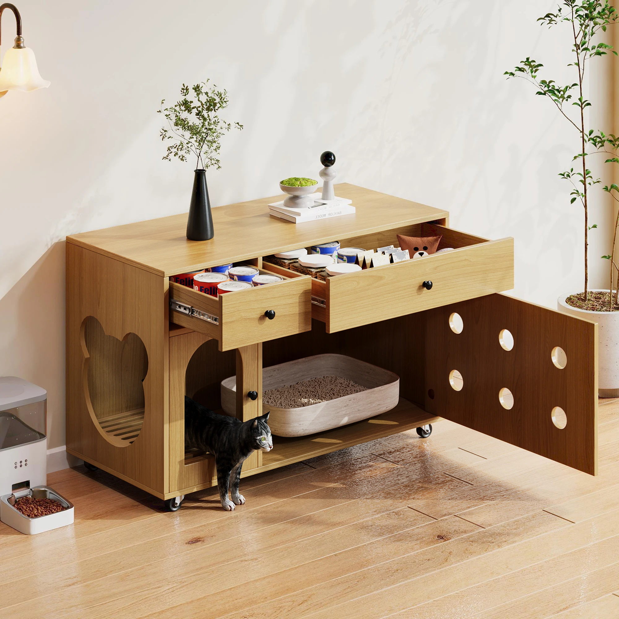 Cat litter box cabinet (mobile litter box) – Cat cabinet/cat house with removable sand drain plate, odor-insulated