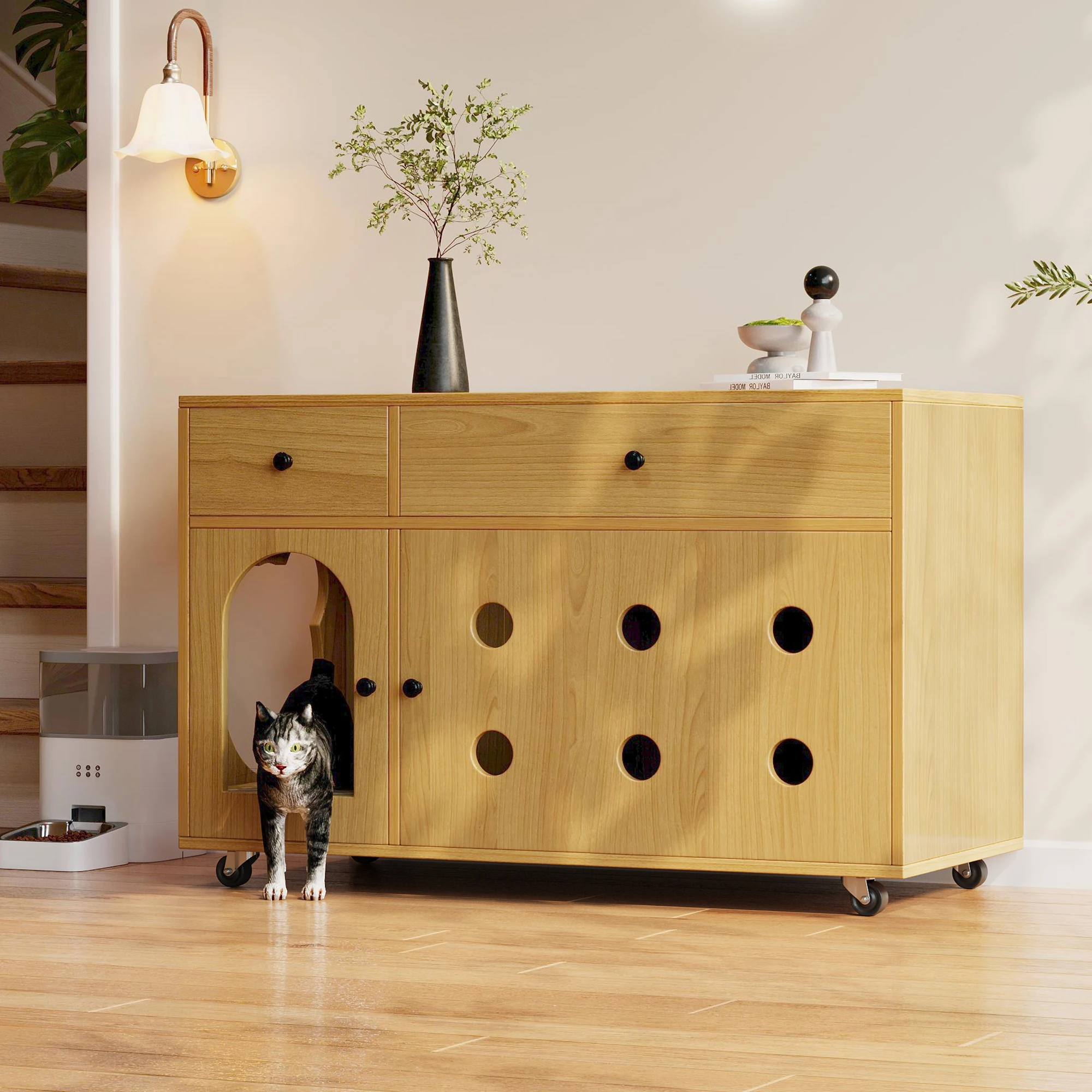 Cat litter box cabinet (mobile litter box) – Cat cabinet/cat house with removable sand drain plate, odor-insulated