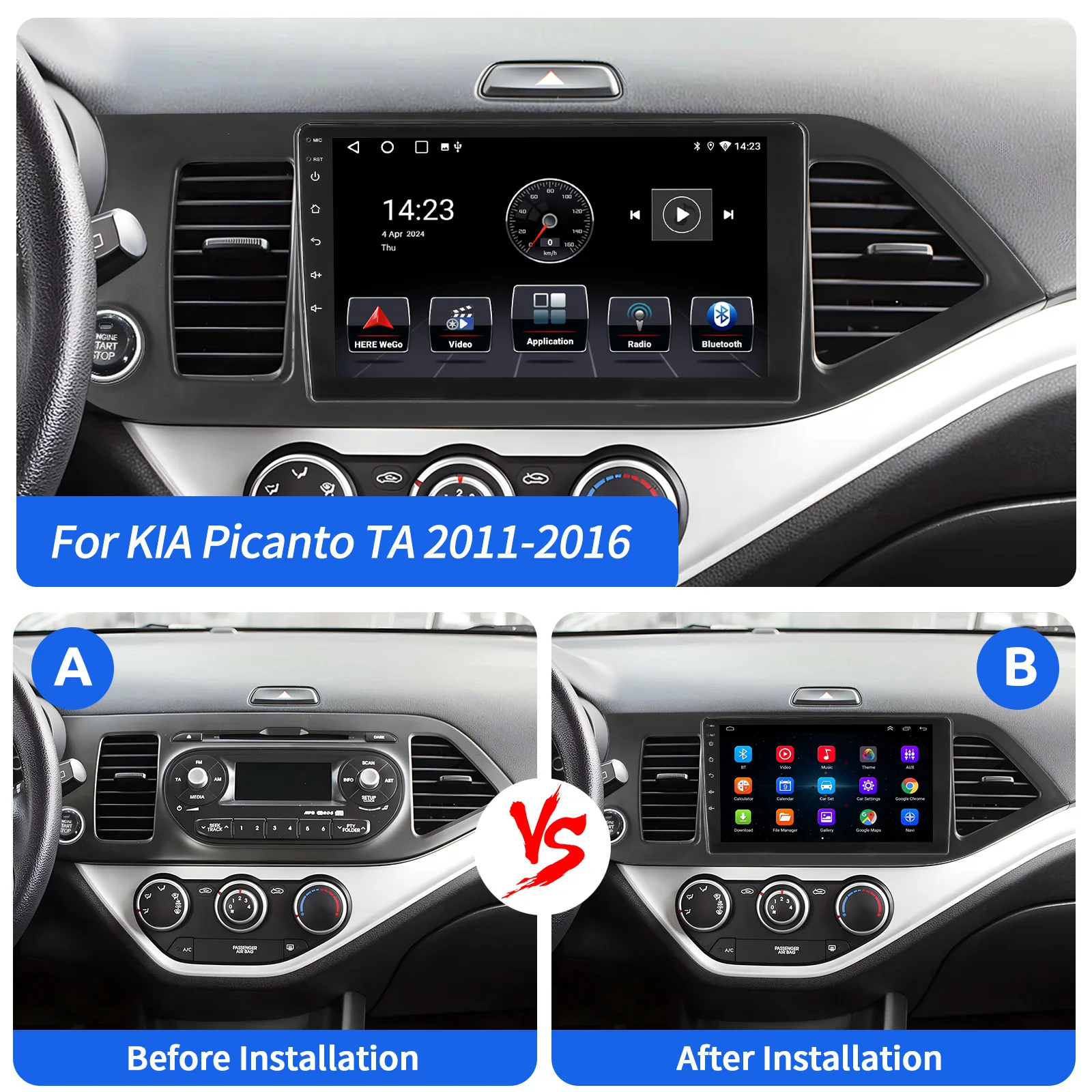 ESSGOO For KIA PICANTO TA 2011-2016 Android 15 9" Apple CarPlay Android auto Car Stereo Radio GPS Nav BT USB FM WIFI Mirror link