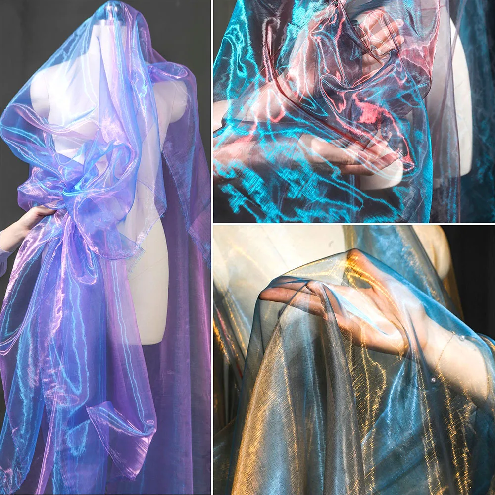 100X150cm Colorful Two-color Gradient Organza Mesh Fabric Shiny Tulle for Wedding Dress headwear DIY Sew Patchwork Home Curtains