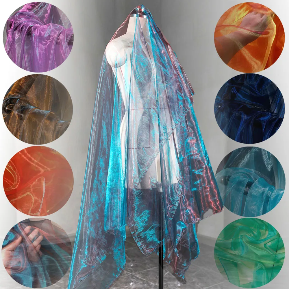 100X150cm Colorful Two-color Gradient Organza Mesh Fabric Shiny Tulle for Wedding Dress headwear DIY Sew Patchwork Home Curtains